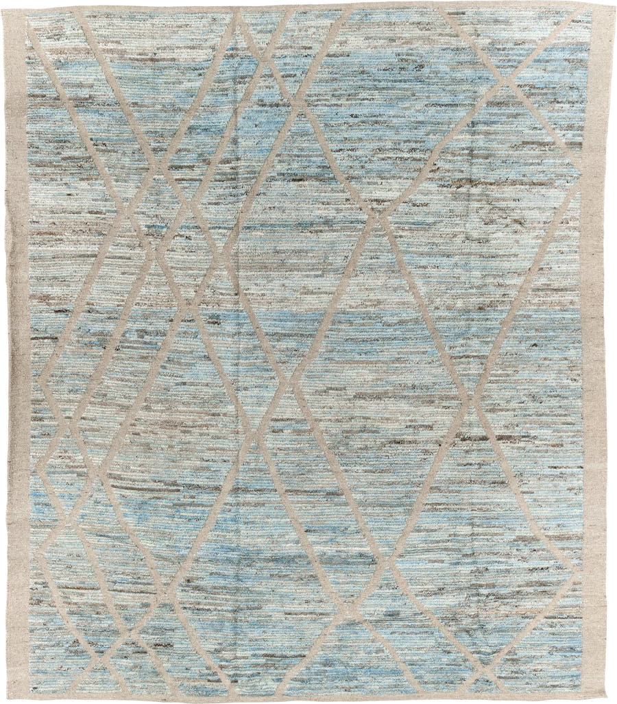 8' x 9' one-of-a-kind handmade vintage Tulu rug. Color palette: ivory, pale blue, taupe, beige, camel, brown, light blue