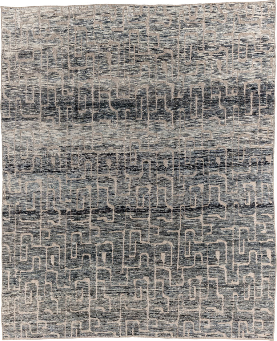 9' x 11' one-of-a-kind handmade vintage Tulu large size rug. Color palette: gray, ivory, charcoal, taupe, slate, black