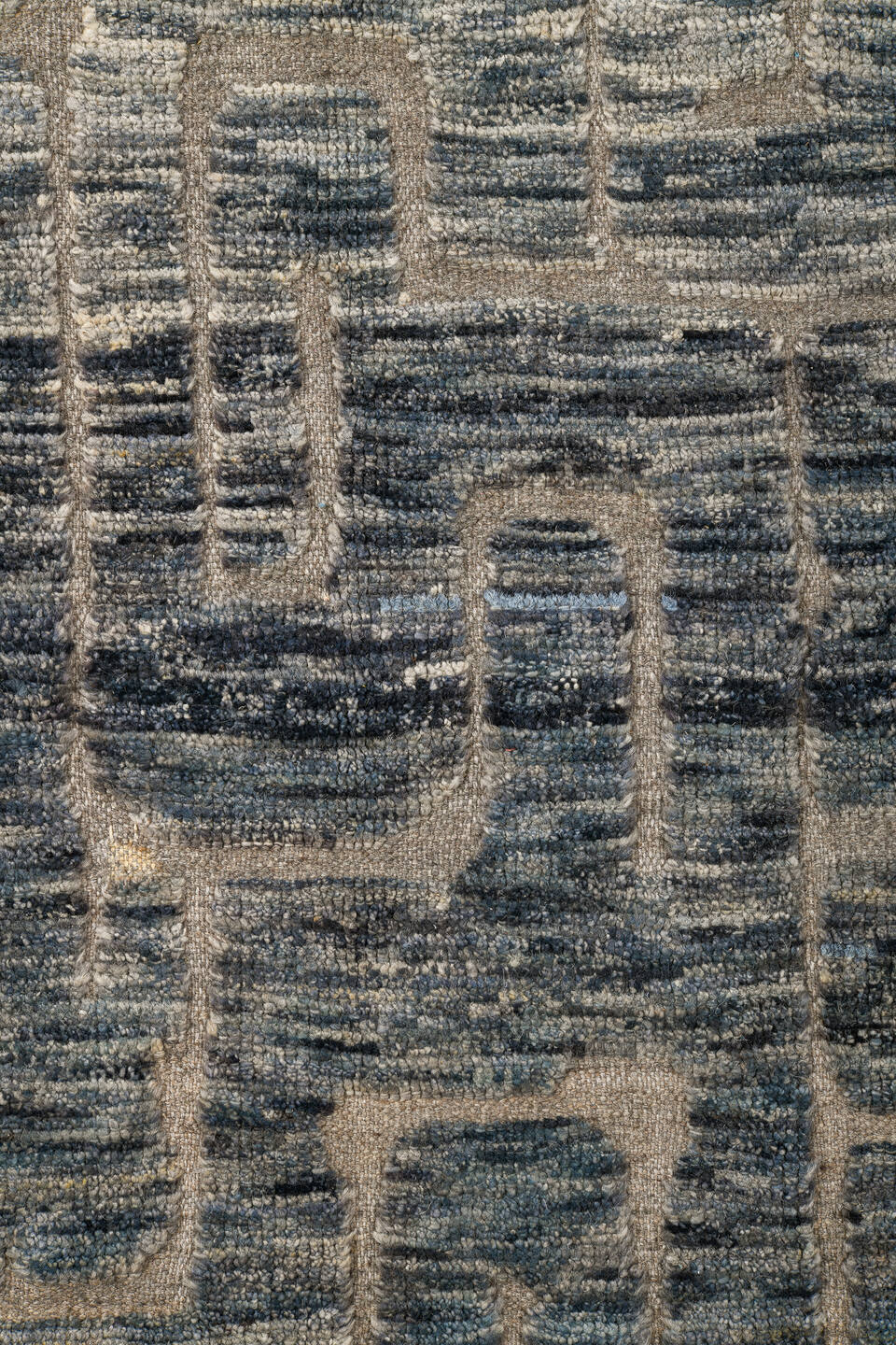 9' x 11' one-of-a-kind handmade vintage Tulu large size rug. Color palette: black, blue, charcoal, gainsboro, gray