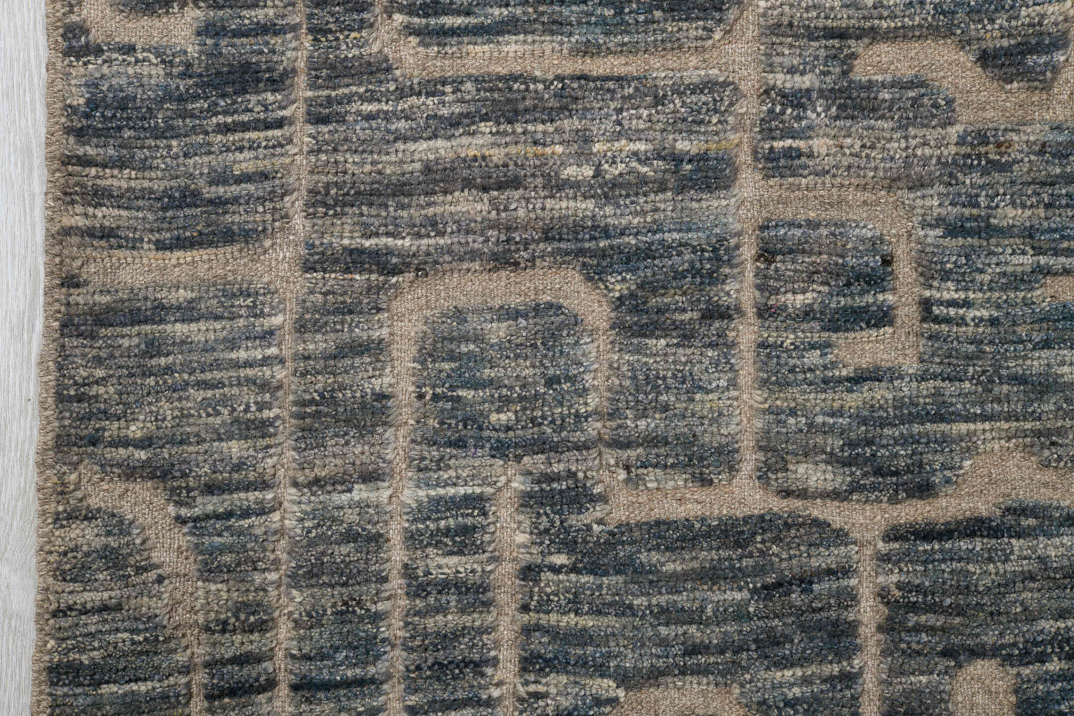 9' x 11' one-of-a-kind handmade vintage Tulu large size rug. Color palette: black, blue, charcoal, gainsboro, gray