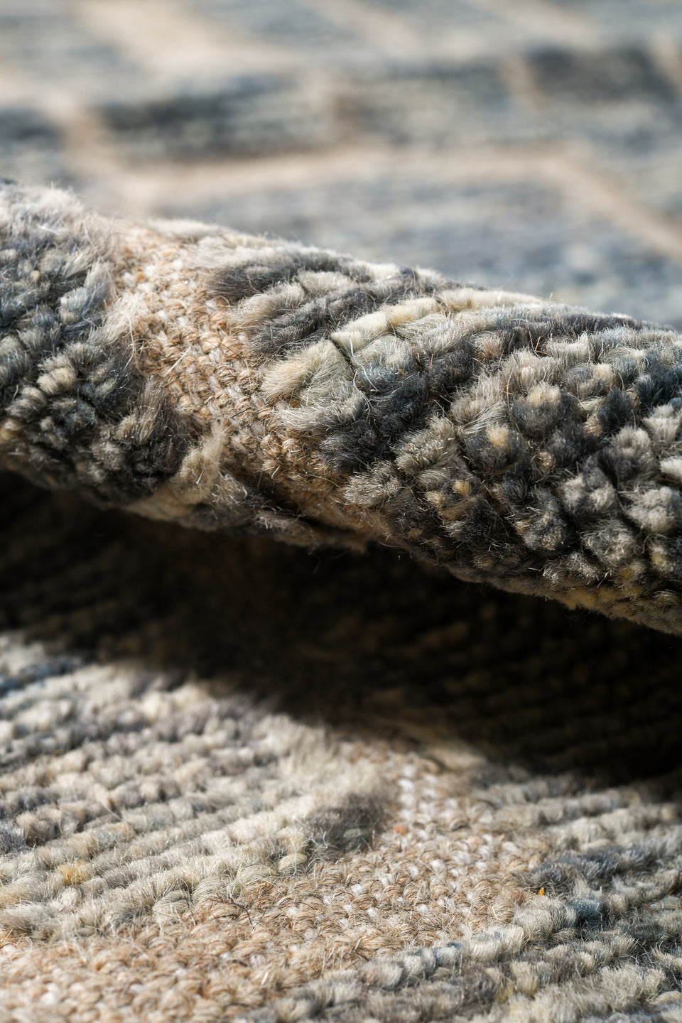 9' x 11' one-of-a-kind handmade vintage Tulu large size rug. Color palette: black, blue, charcoal, gainsboro, gray