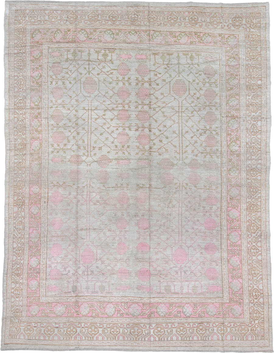 12' x 16' one-of-a-kind handmade vintage Khorassan oversize rug. Color palette: ivory, blush, taupe, sage, cream, pale pink
