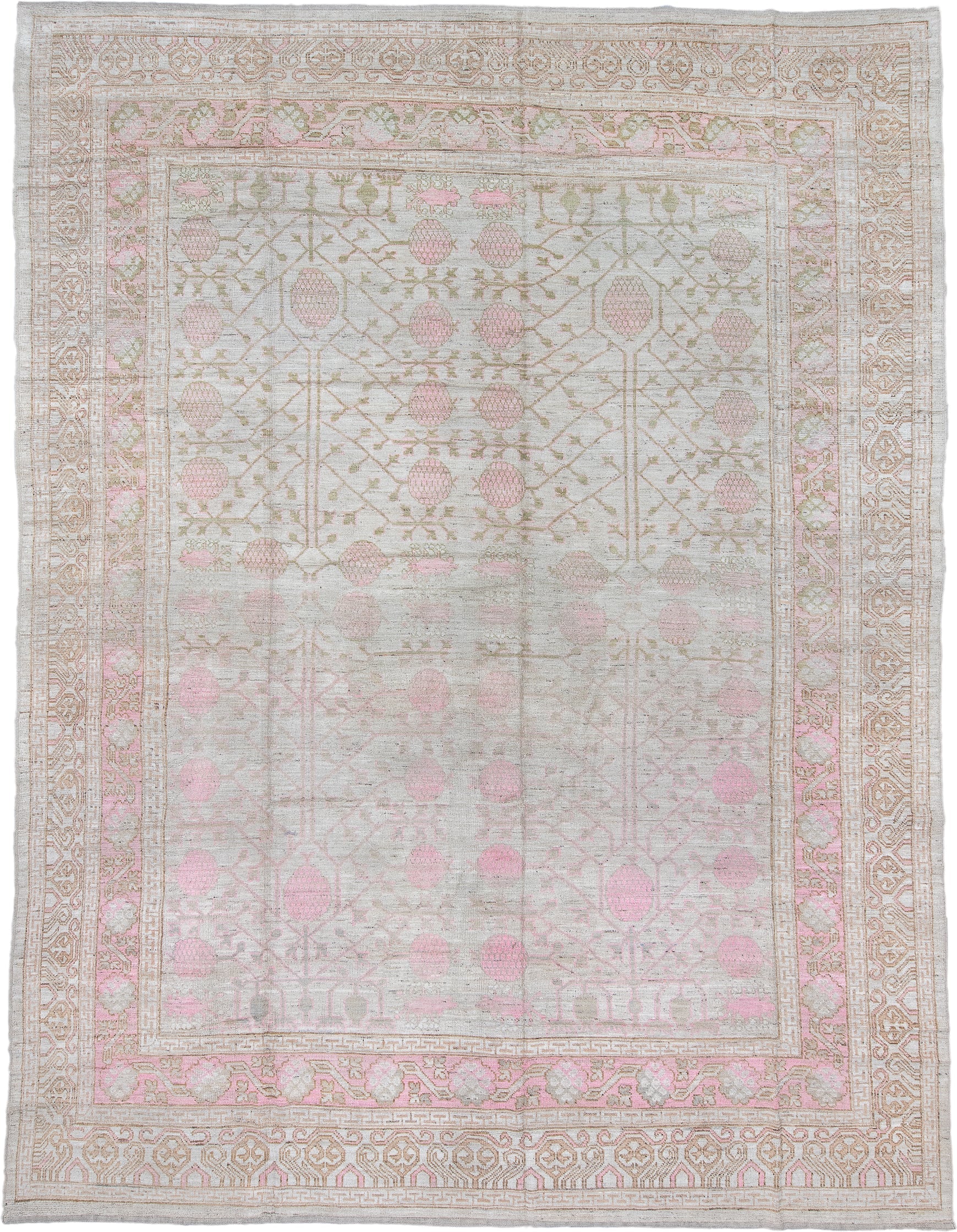 12' x 16' one-of-a-kind handmade vintage Khorassan oversize rug. Color palette: ivory, blush, taupe, sage, cream, pale pink