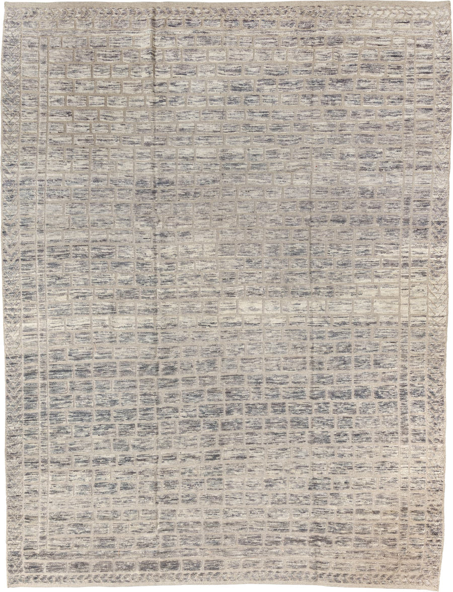 9' x 12' one-of-a-kind handmade vintage Tulu large size rug. Color palette: ivory, taupe, slate, cream, blue gray, beige