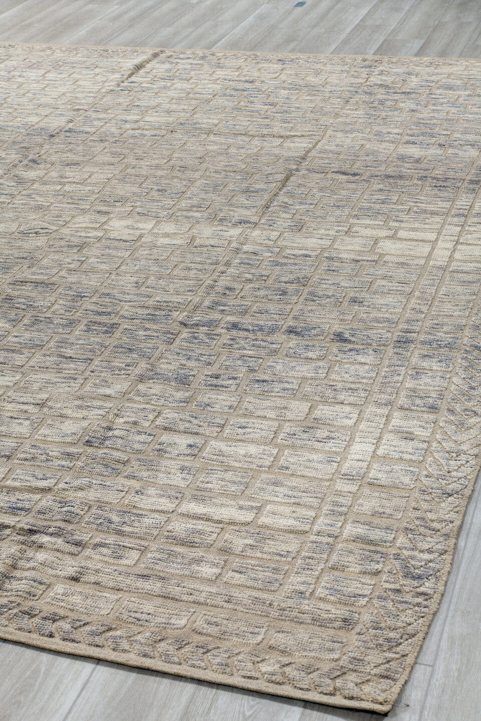 9' x 12' one-of-a-kind handmade vintage Tulu large size rug. Color palette: ivory, taupe, slate, cream, blue gray, beige