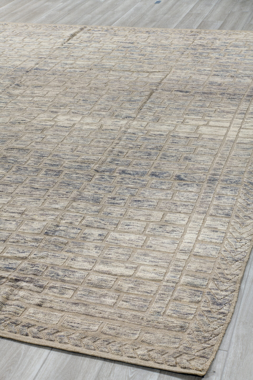 9' x 12' one-of-a-kind handmade vintage Tulu large size rug. Color palette: ivory, taupe, slate, cream, blue gray, beige