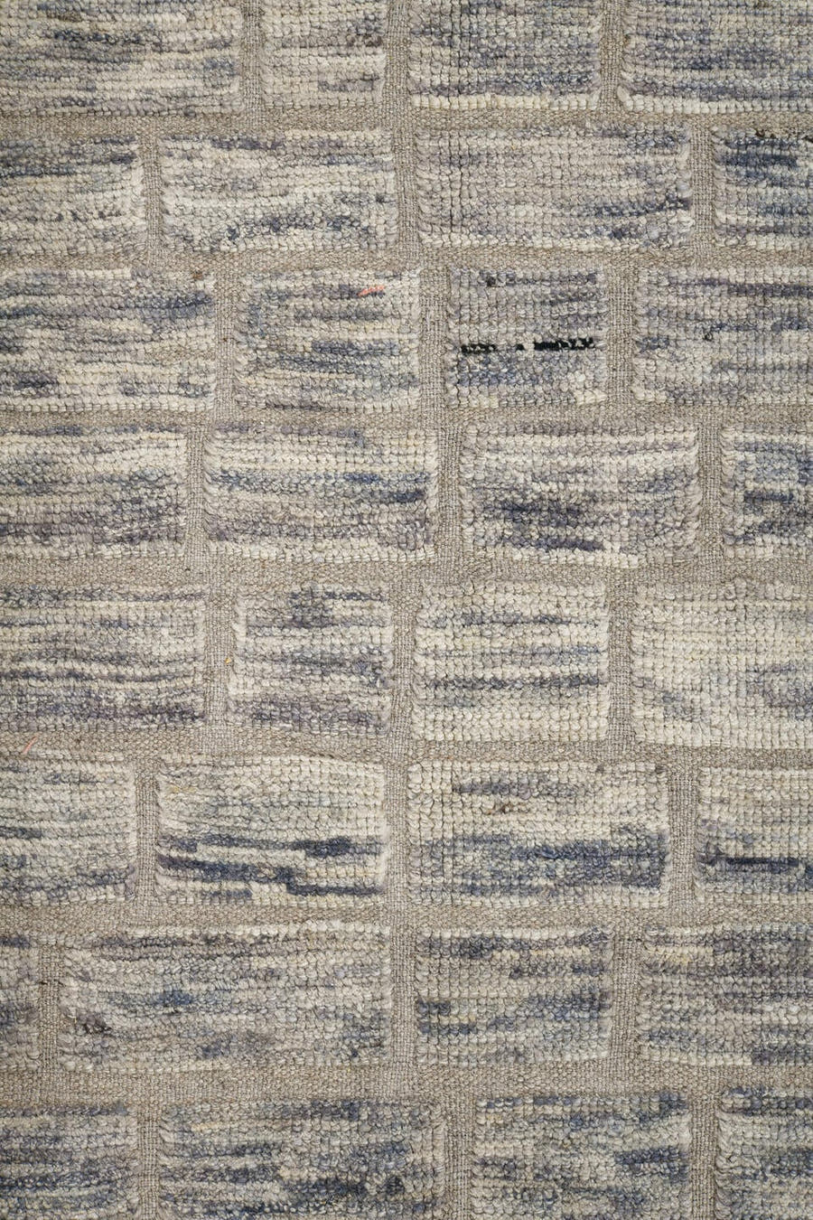 9' x 12' one-of-a-kind handmade vintage Tulu large size rug. Color palette: ivory, taupe, slate, cream, blue gray, beige