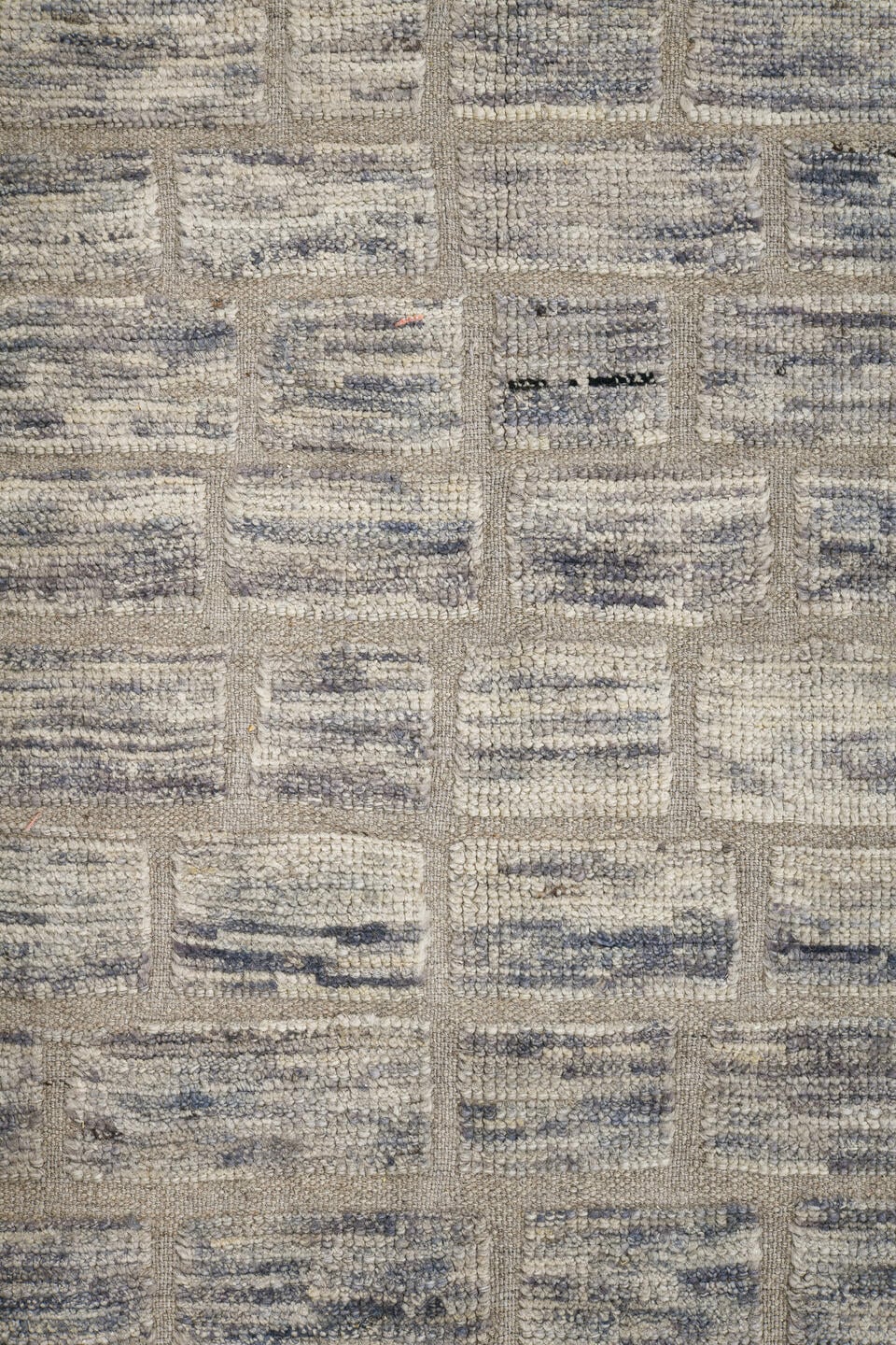 9' x 12' one-of-a-kind handmade vintage Tulu large size rug. Color palette: ivory, taupe, slate, cream, blue gray, beige