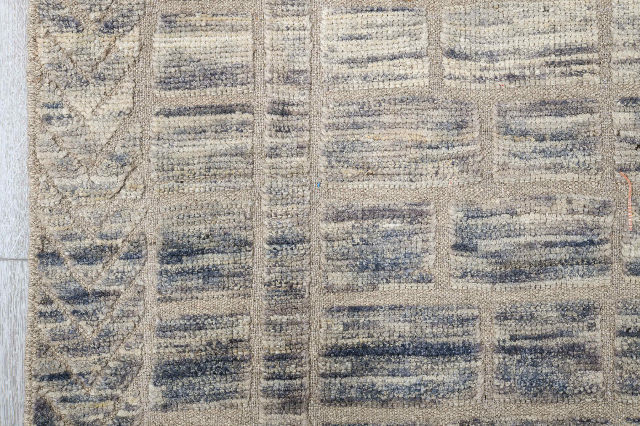 9' x 12' one-of-a-kind handmade vintage Tulu large size rug. Color palette: ivory, taupe, slate, cream, blue gray, beige