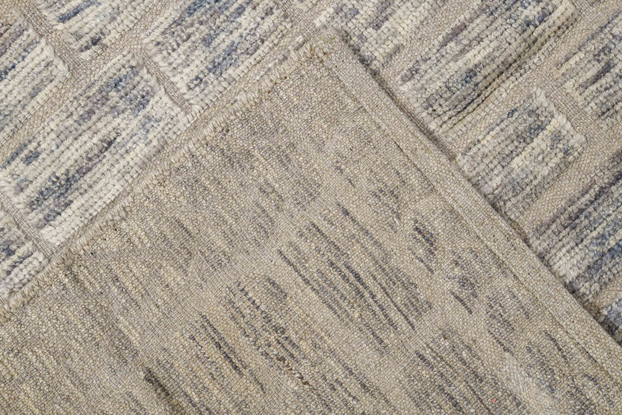 9' x 12' one-of-a-kind handmade vintage Tulu large size rug. Color palette: ivory, taupe, slate, cream, blue gray, beige