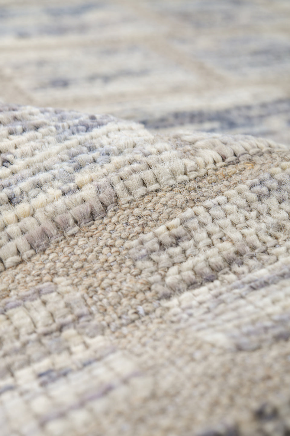 9' x 12' one-of-a-kind handmade vintage Tulu large size rug. Color palette: ivory, taupe, slate, cream, blue gray, beige