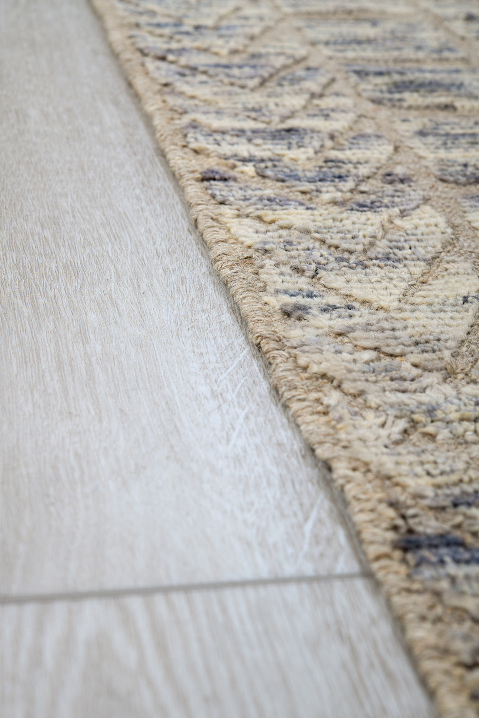 9' x 12' one-of-a-kind handmade vintage Tulu large size rug. Color palette: ivory, taupe, slate, cream, blue gray, beige