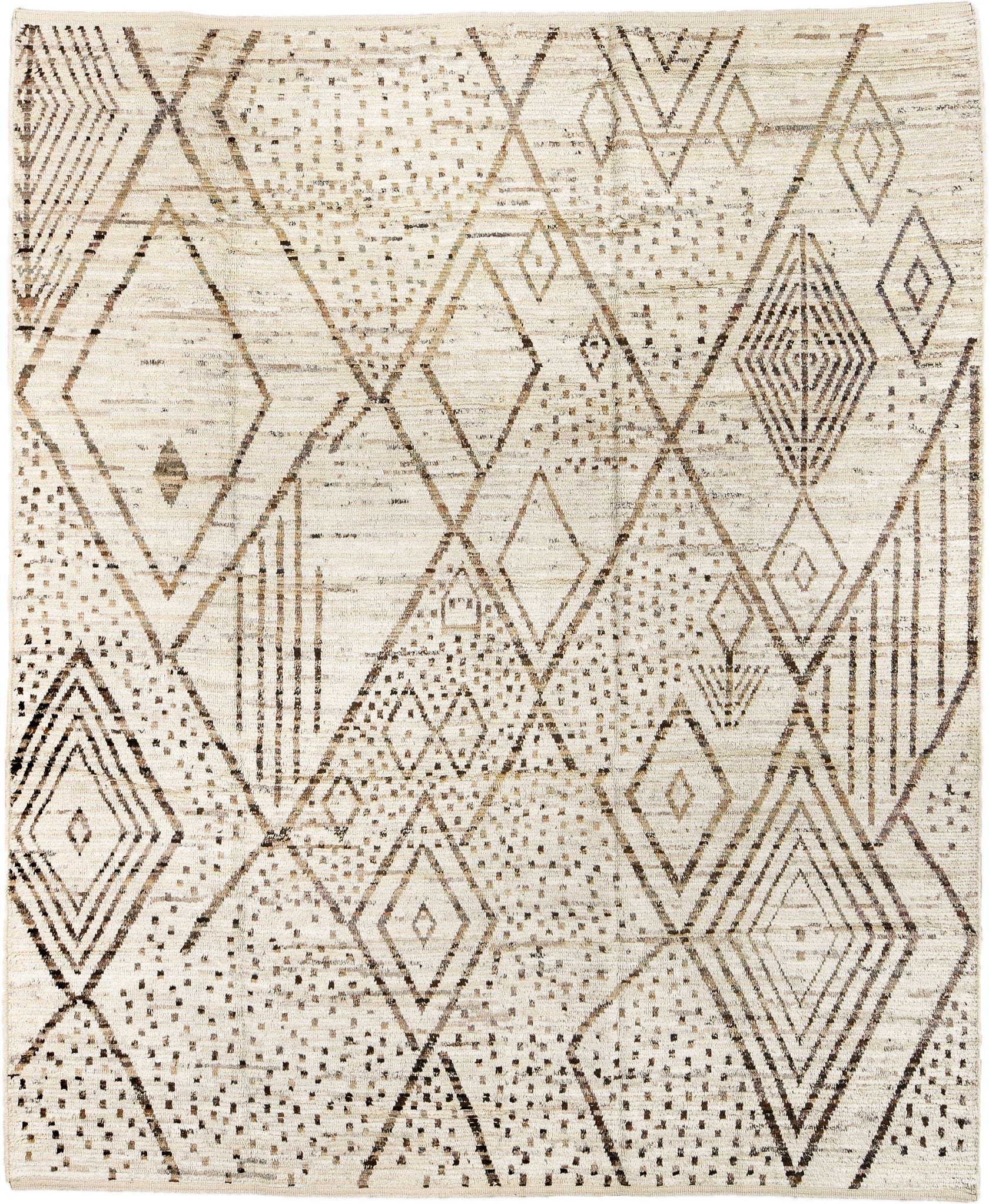 8' x 10' one-of-a-kind handmade vintage Tulu large size rug. Color palette: ivory, taupe, brown, camel, charcoal, beige