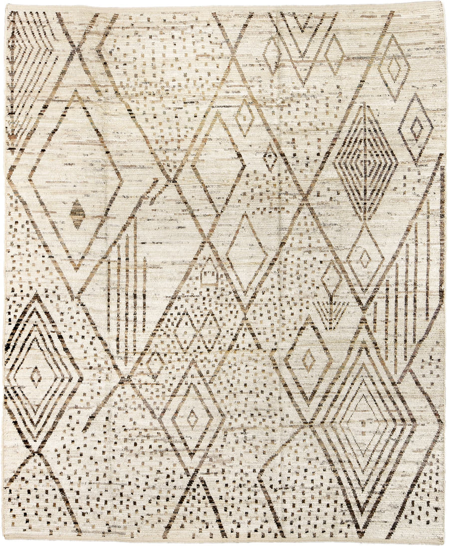 8' x 10' one-of-a-kind handmade vintage Tulu large size rug. Color palette: ivory, taupe, brown, camel, charcoal, beige