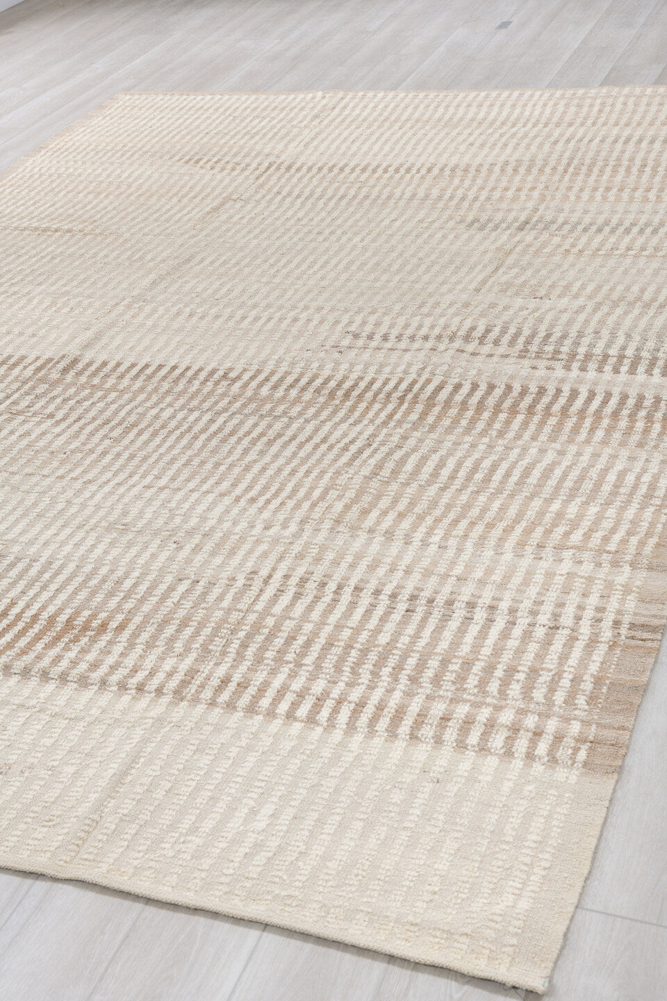 8' x 12' one-of-a-kind handmade vintage Tulu large size rug. Color palette: ivory, cream, taupe, camel, beige, gray