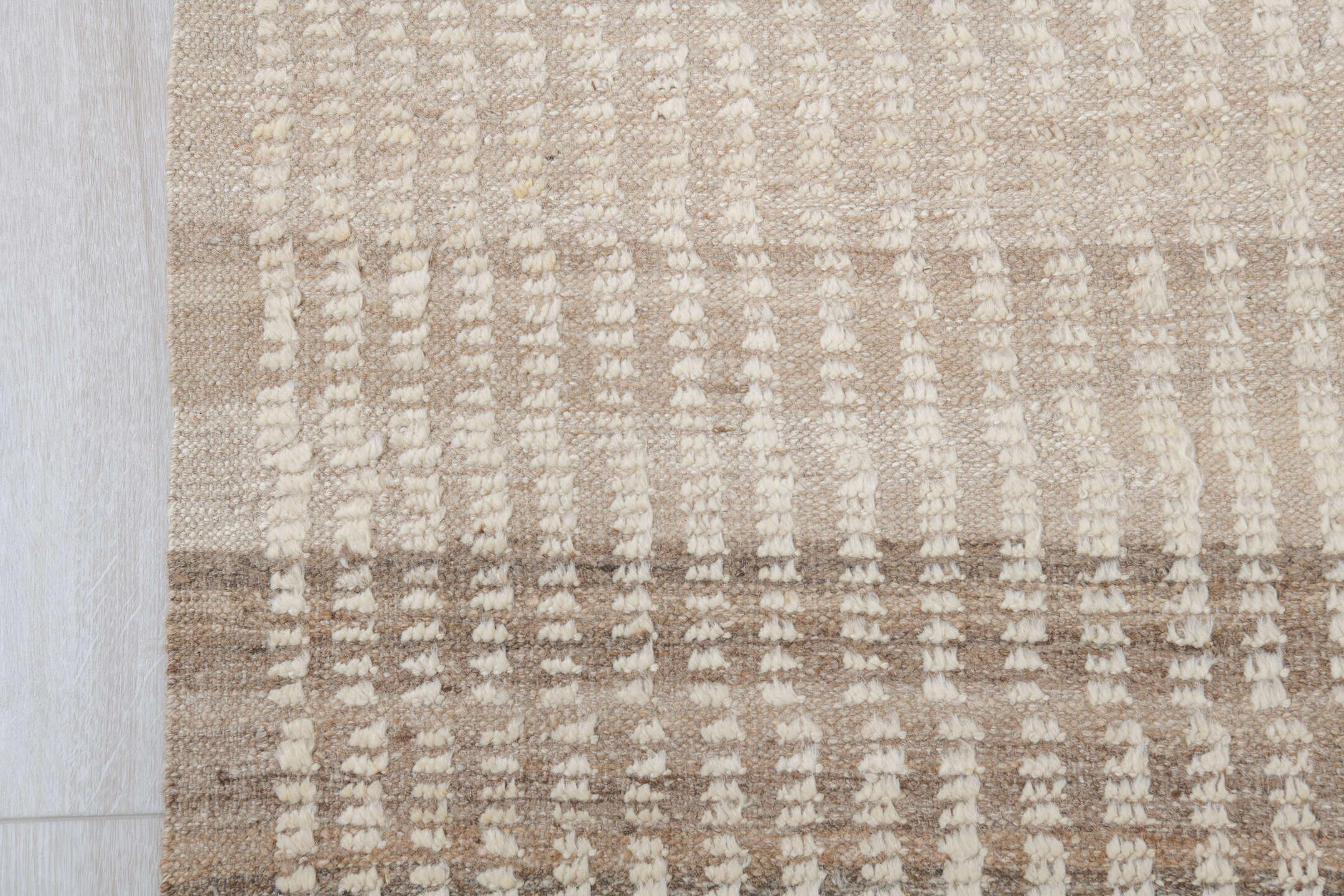 8' x 12' one-of-a-kind handmade vintage Tulu large size rug. Color palette: ivory, cream, taupe, camel, beige, gray