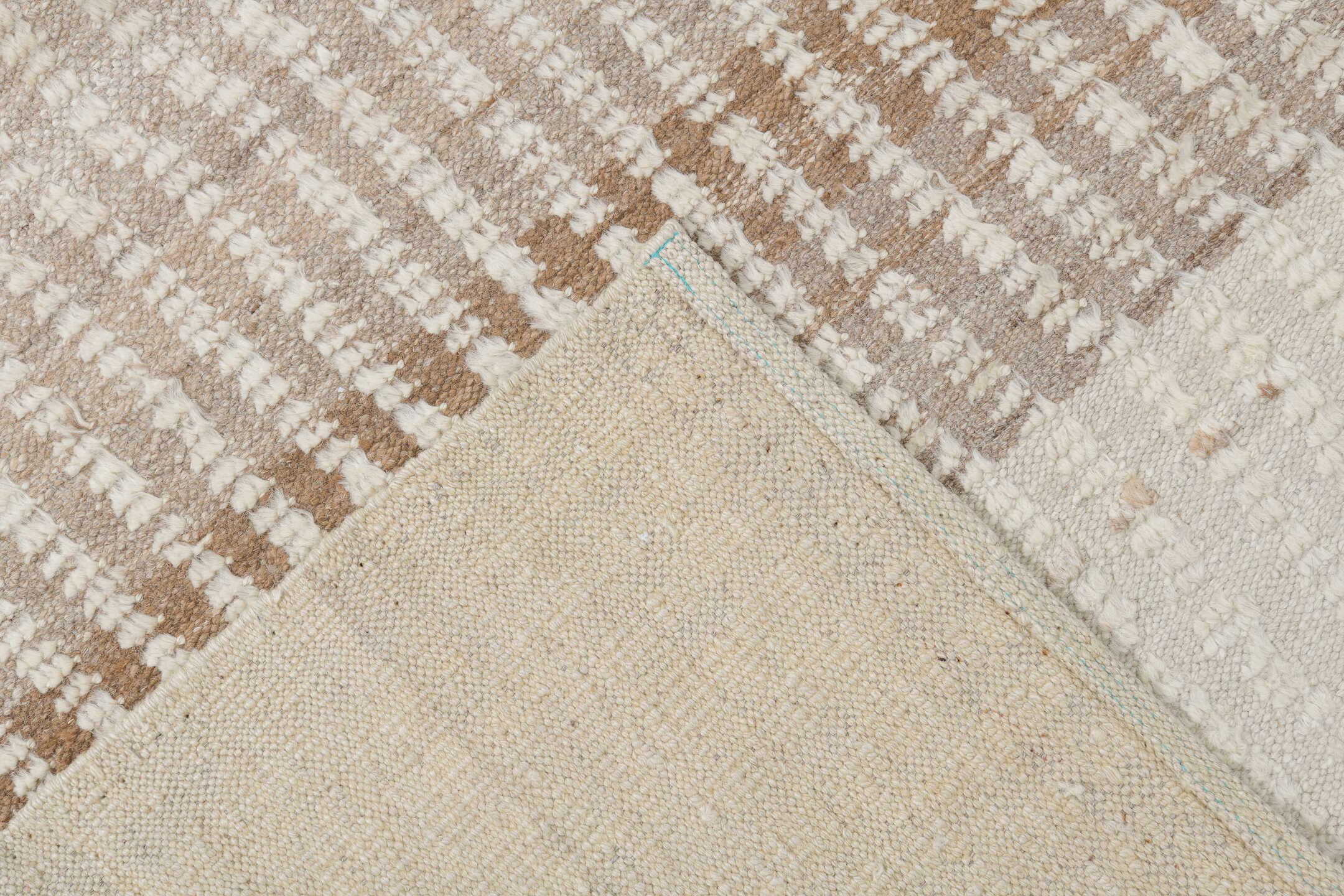 8' x 12' one-of-a-kind handmade vintage Tulu large size rug. Color palette: ivory, cream, taupe, camel, beige, gray