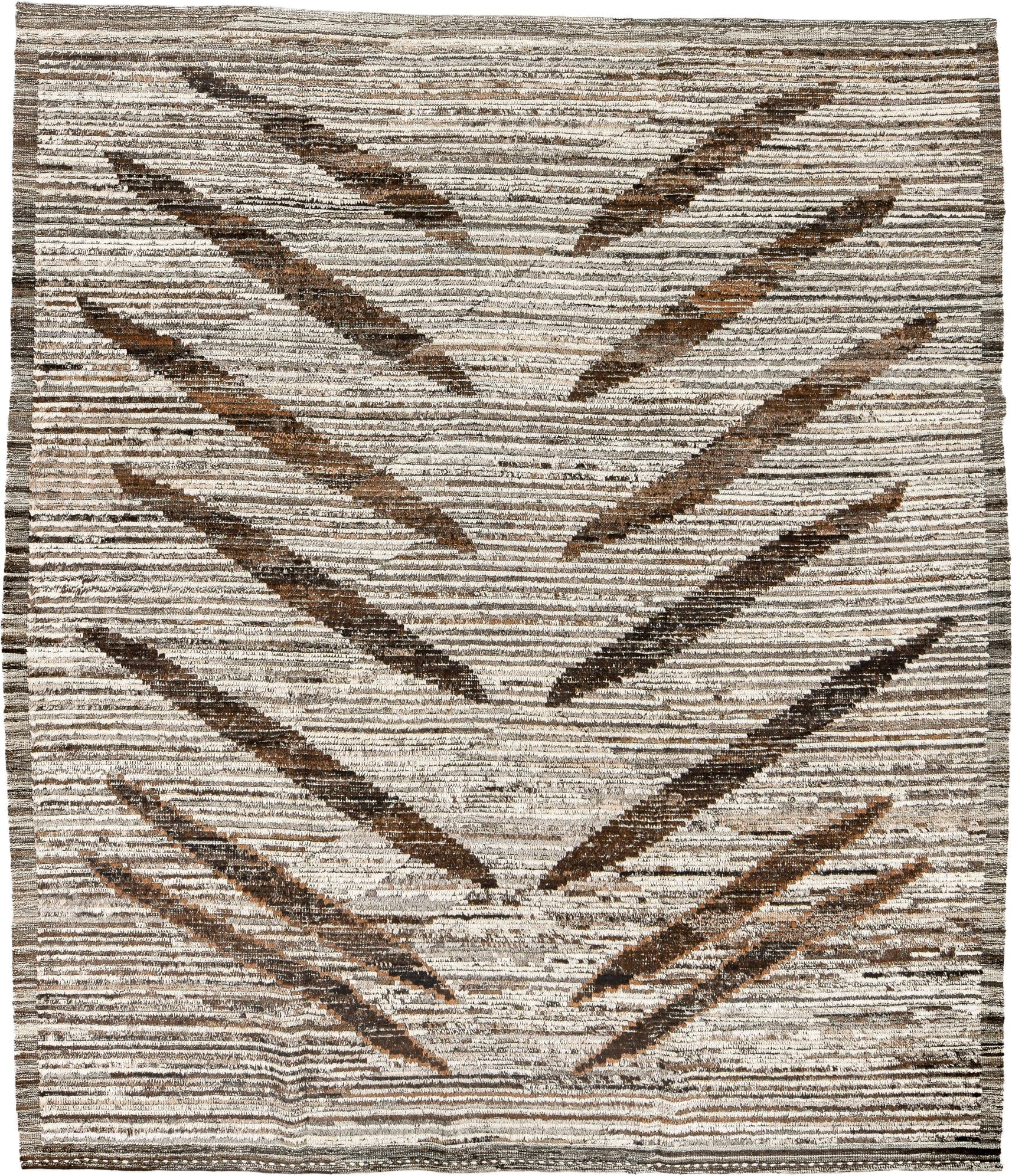 8' x 9' one-of-a-kind handmade vintage Tulu rug. Color palette: ivory, brown, taupe, charcoal, camel, beige, gray, black