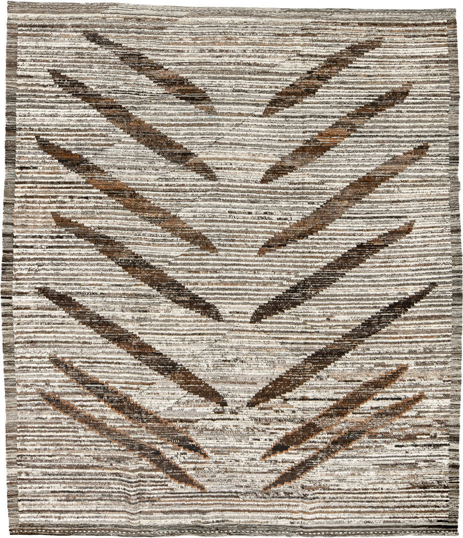 8' x 9' one-of-a-kind handmade vintage Tulu rug. Color palette: ivory, brown, taupe, charcoal, camel, beige, gray, black