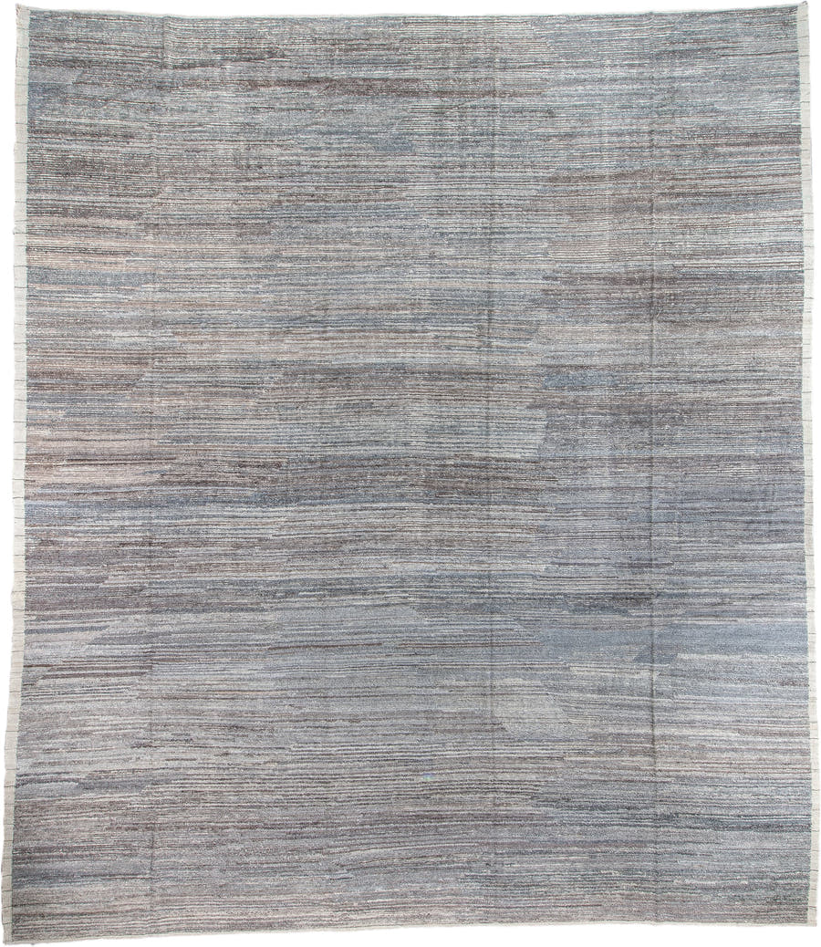 15' x 17' one-of-a-kind handmade vintage Tulu oversize rug. Color palette: blue gray, ivory, taupe, charcoal, stone gray