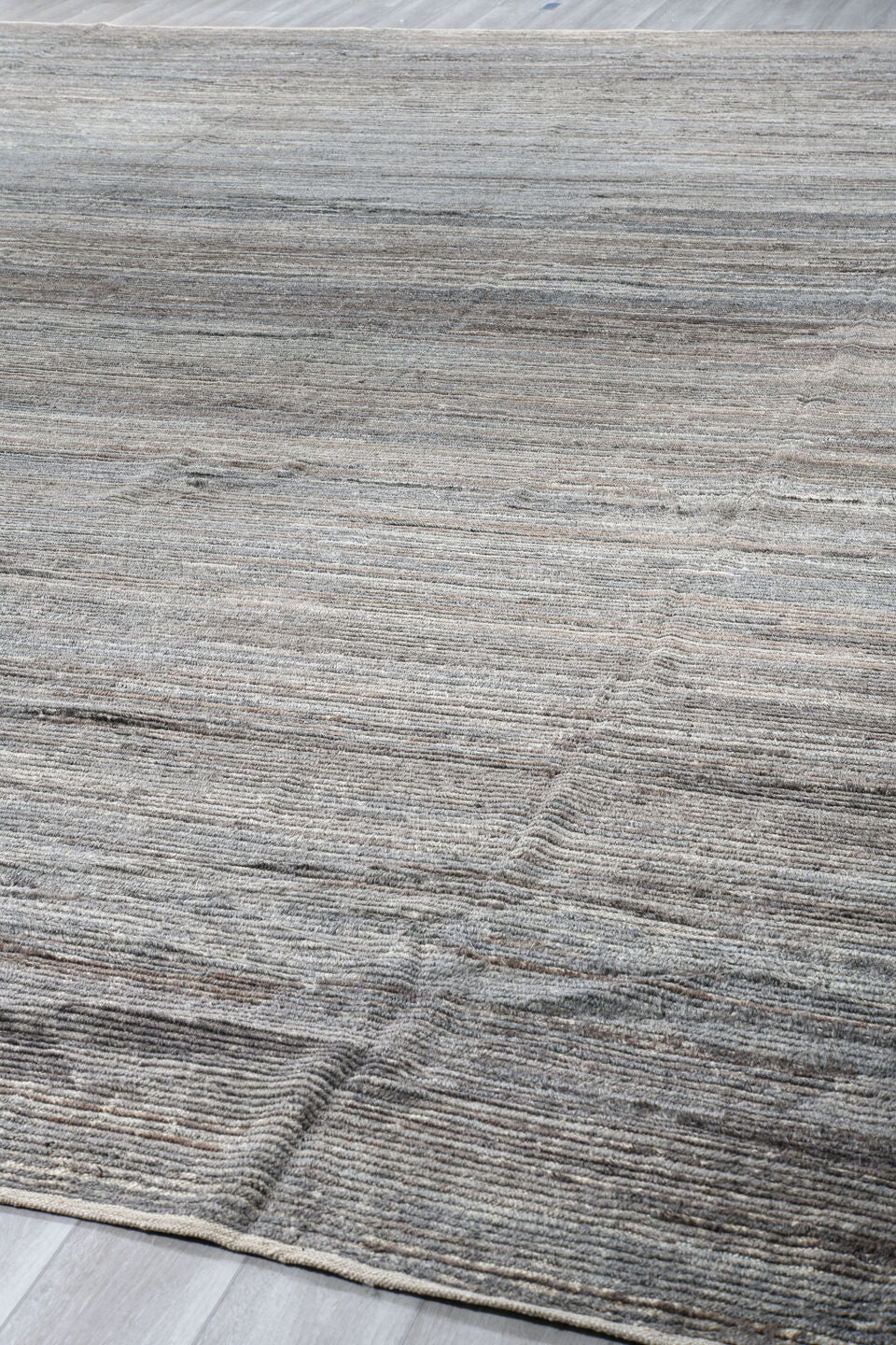 15' x 17' one-of-a-kind handmade vintage Tulu oversize rug. Color palette: blue gray, ivory, taupe, charcoal, stone gray