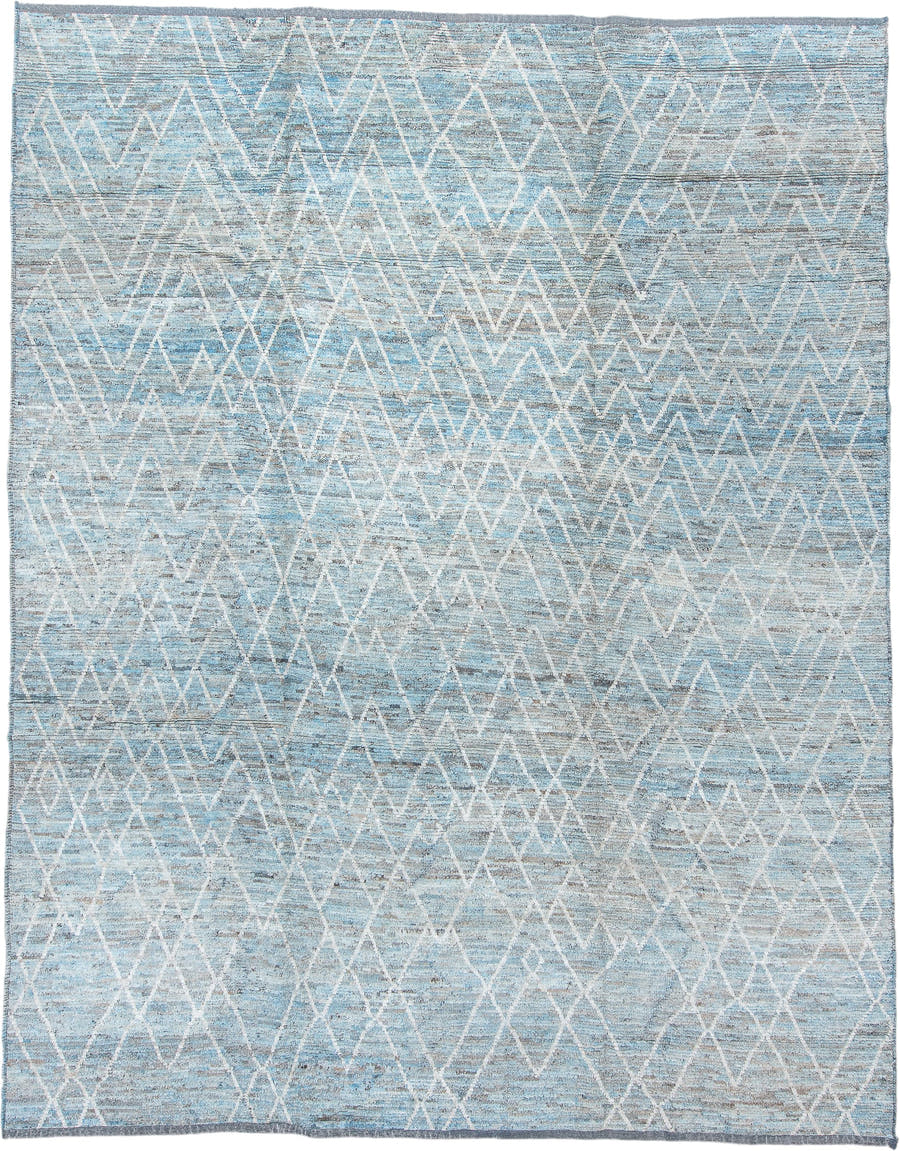 10' x 13' one-of-a-kind handmade vintage Tulu large size rug. Color palette: sky blue, ivory, slate, pale blue, gray