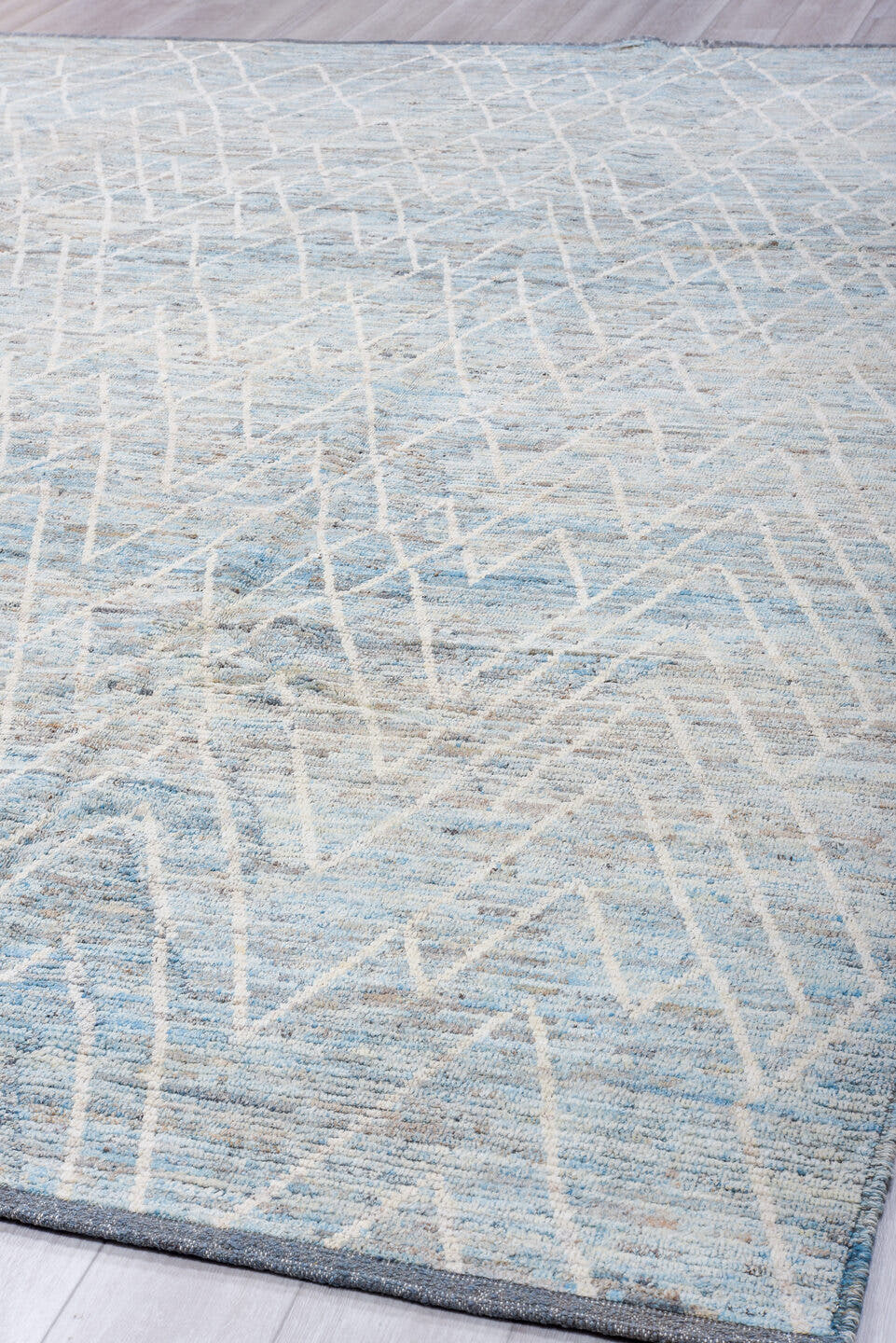 10' x 13' one-of-a-kind handmade vintage Tulu large size rug. Color palette: sky blue, ivory, slate, pale blue, gray