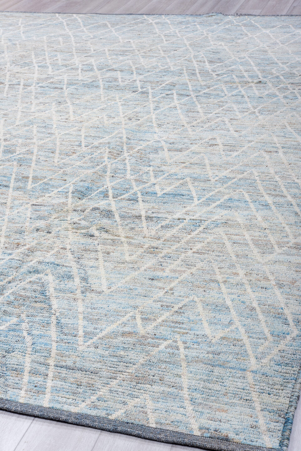 10' x 13' one-of-a-kind handmade vintage Tulu large size rug. Color palette: sky blue, ivory, slate, pale blue, gray