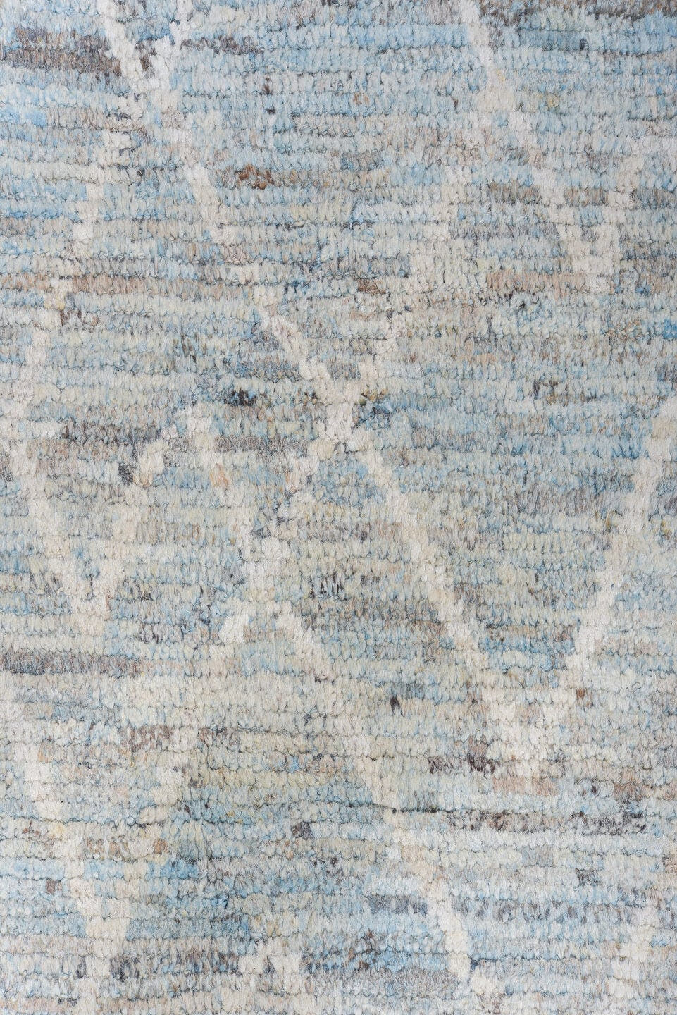 10' x 13' one-of-a-kind handmade vintage Tulu large size rug. Color palette: sky blue, ivory, slate, pale blue, gray