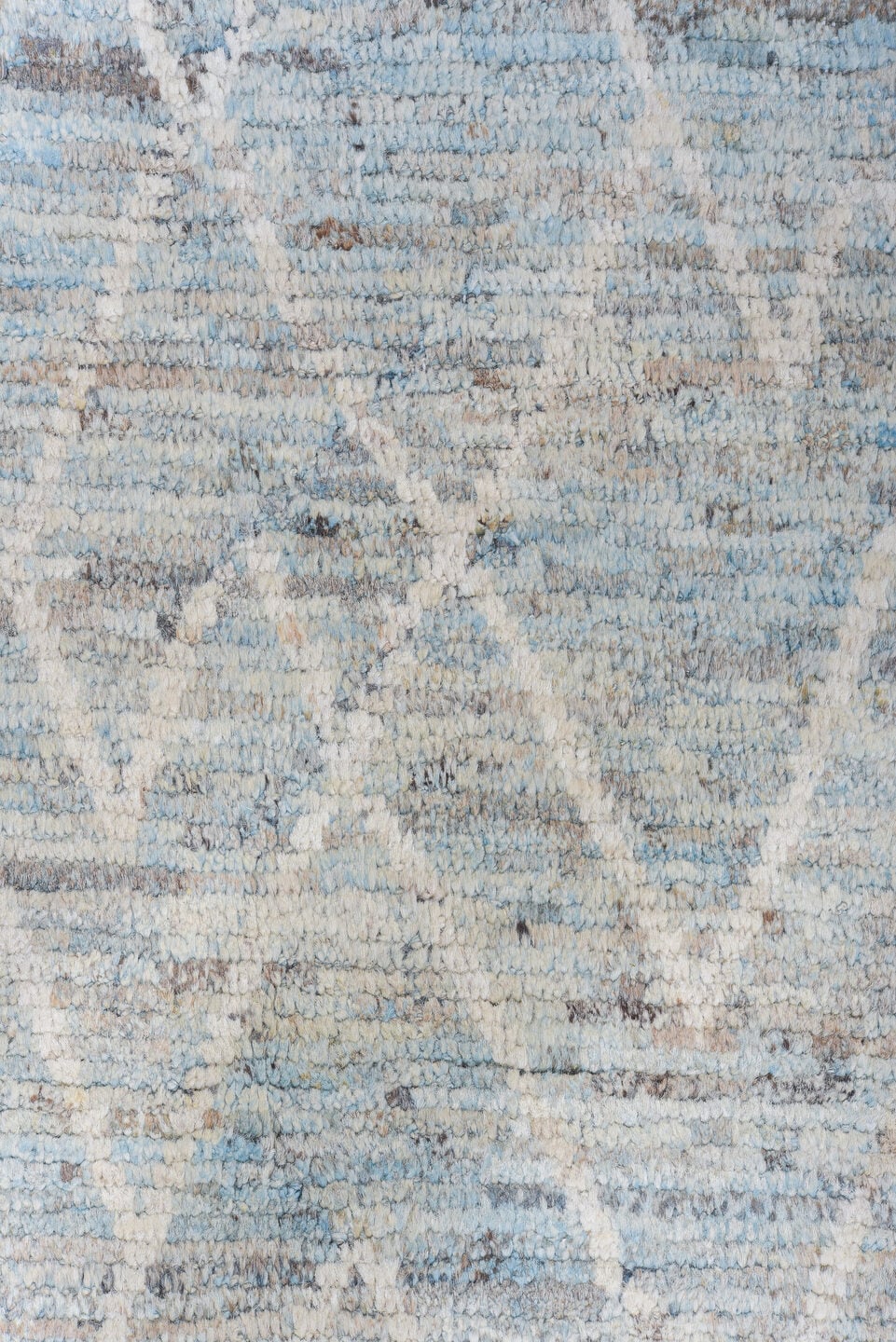 10' x 13' one-of-a-kind handmade vintage Tulu large size rug. Color palette: sky blue, ivory, slate, pale blue, gray