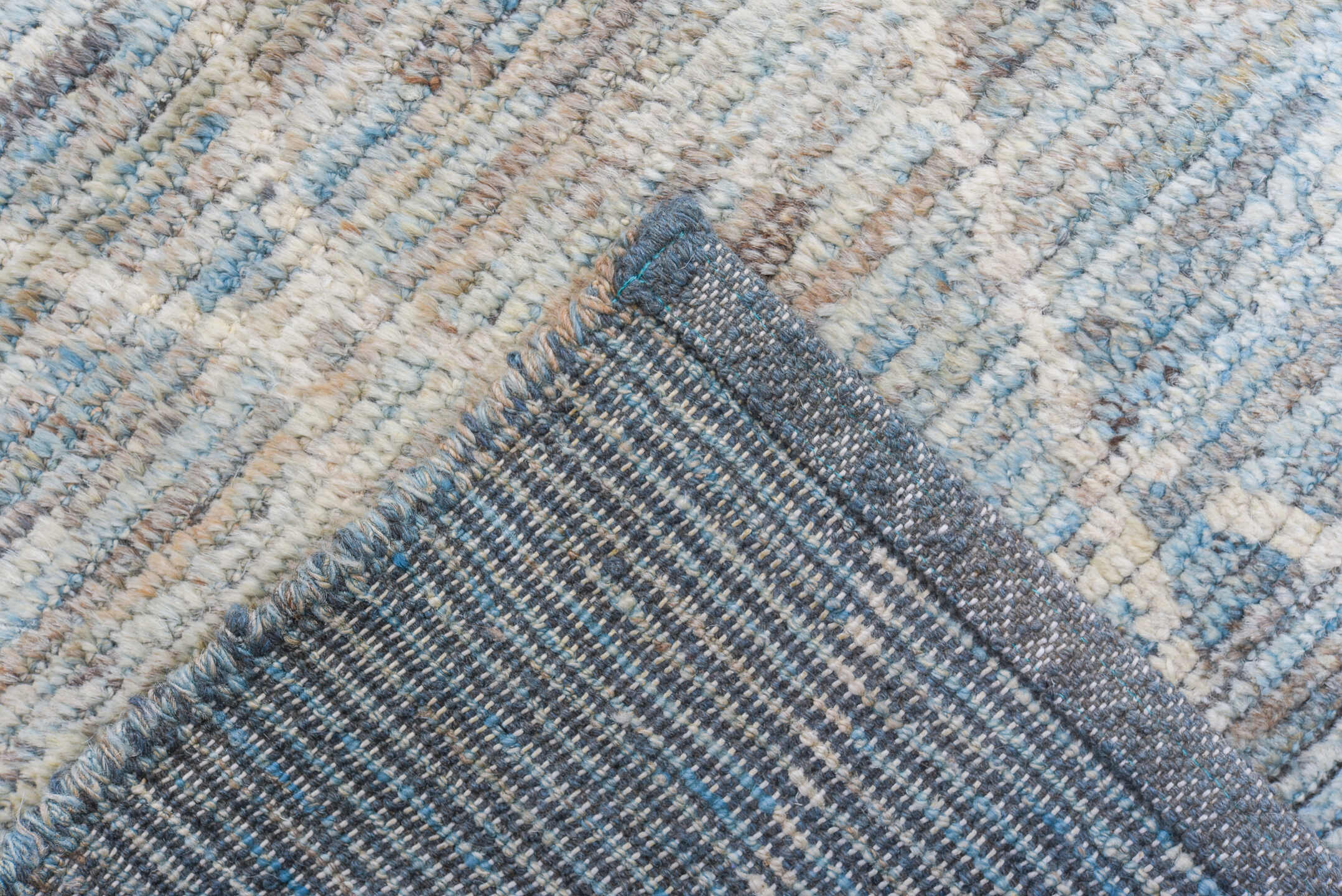 10' x 13' one-of-a-kind handmade vintage Tulu large size rug. Color palette: sky blue, ivory, slate, pale blue, gray