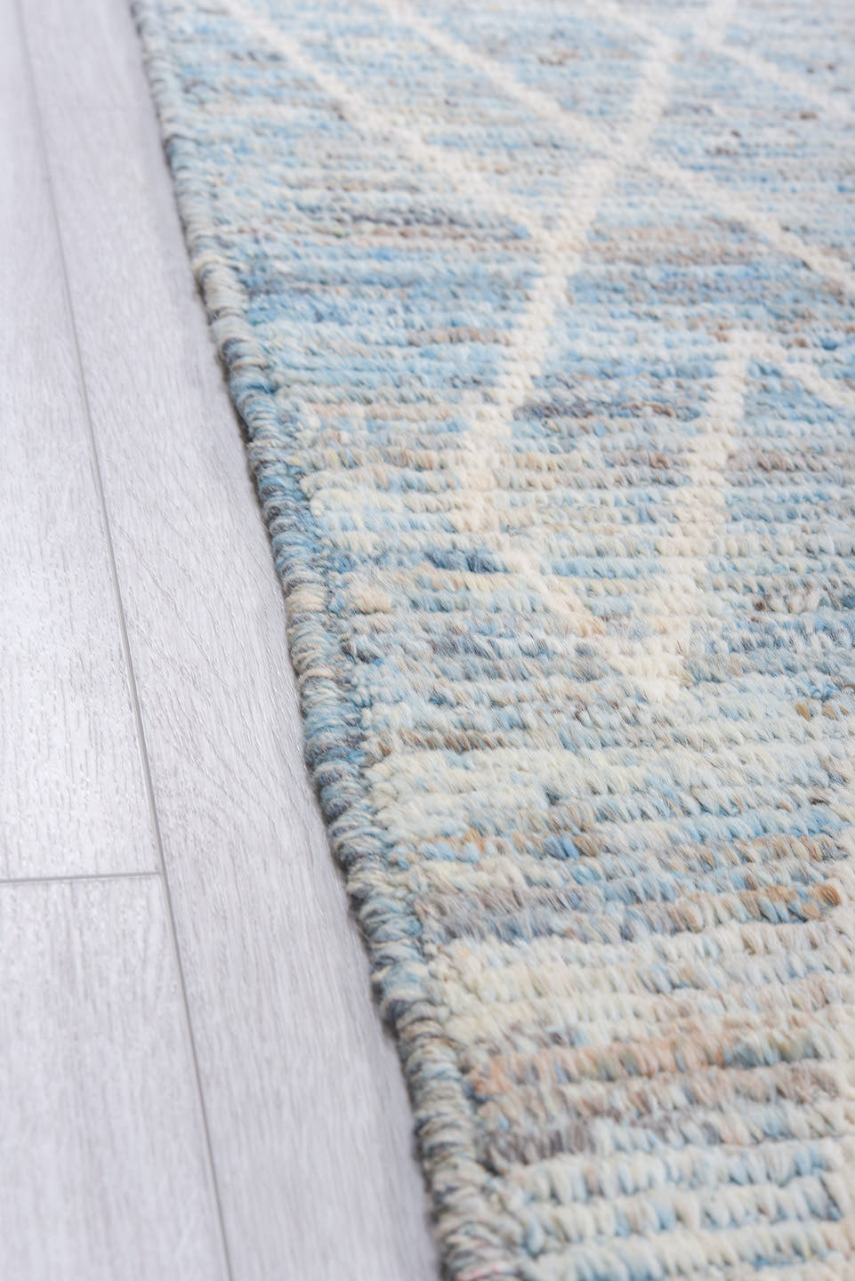10' x 13' one-of-a-kind handmade vintage Tulu large size rug. Color palette: sky blue, ivory, slate, pale blue, gray