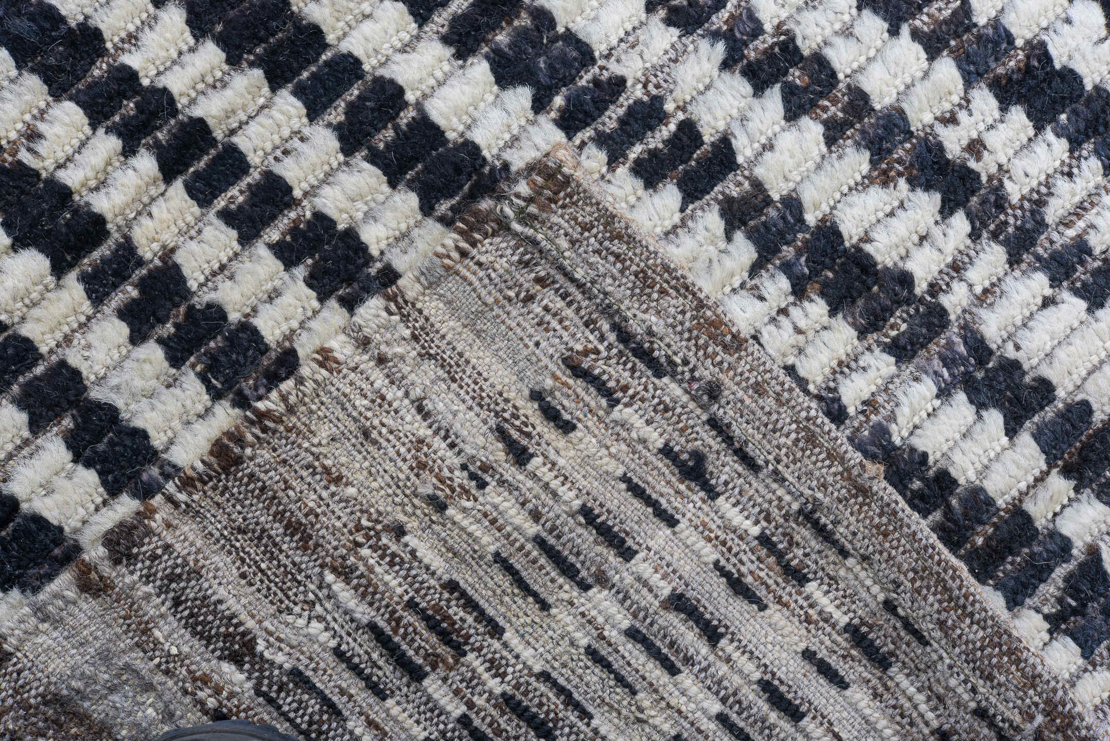 13' x 14' one-of-a-kind handmade vintage Tulu oversize rug. Color palette: ivory, charcoal, taupe, gray, black, beige