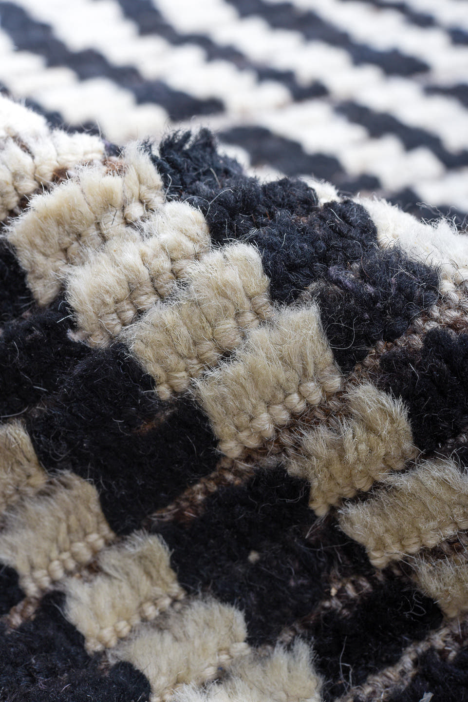 13' x 14' one-of-a-kind handmade vintage Tulu oversize rug. Color palette: ivory, charcoal, taupe, gray, black, beige