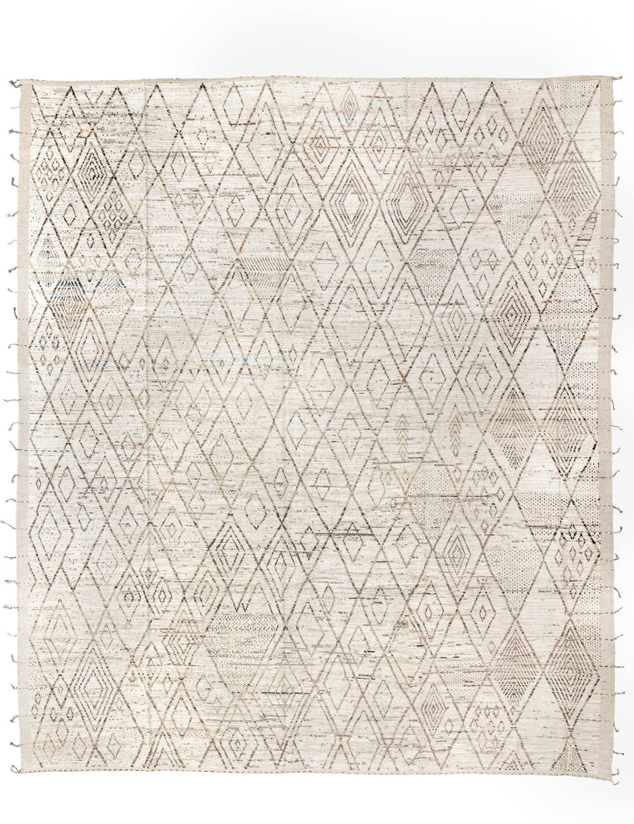 13' x 16' one-of-a-kind handmade vintage Tulu oversize rug. Color palette: ivory, cream, taupe, light brown, sand