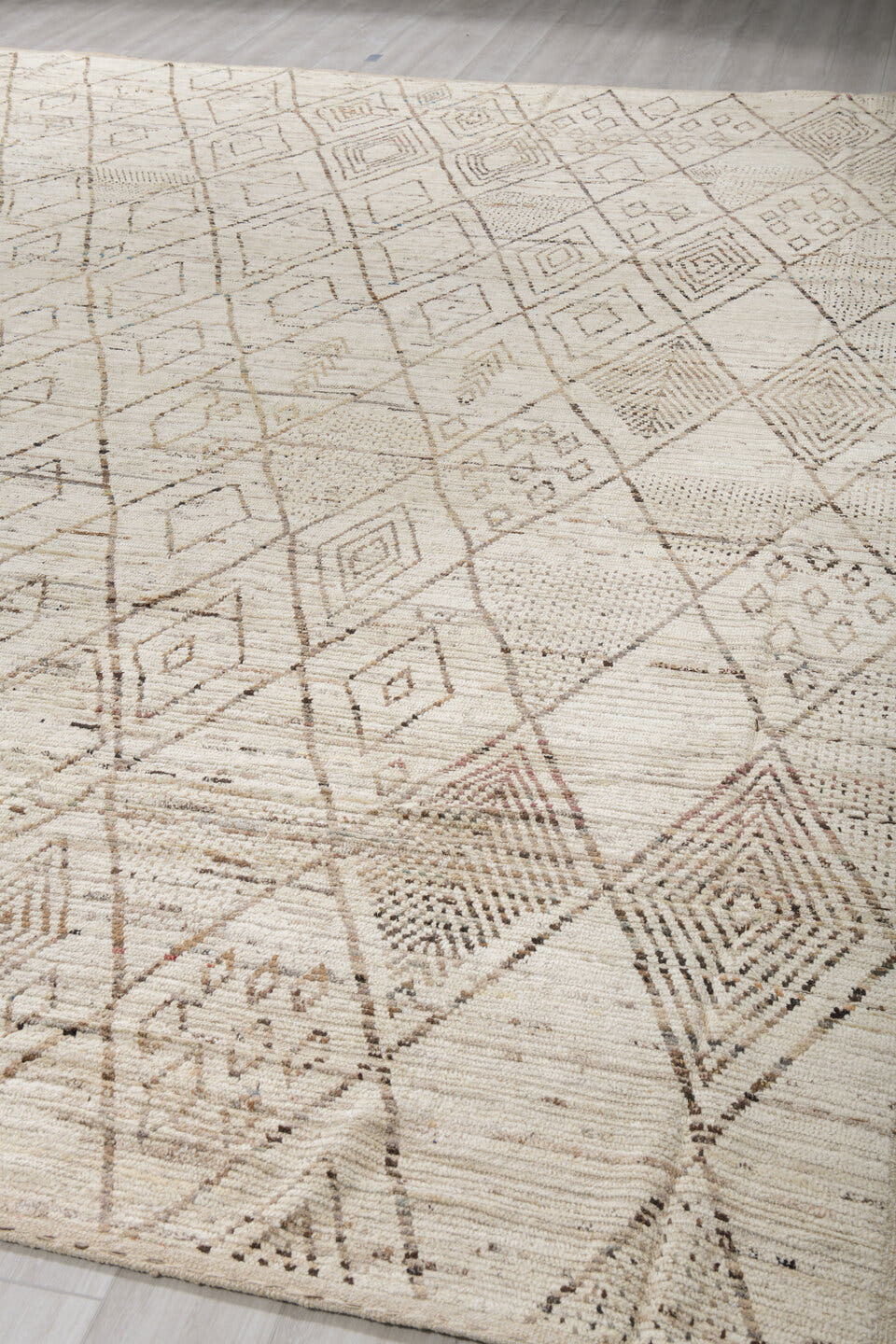13' x 16' one-of-a-kind handmade vintage Tulu oversize rug. Color palette: ivory, cream, taupe, light brown, sand