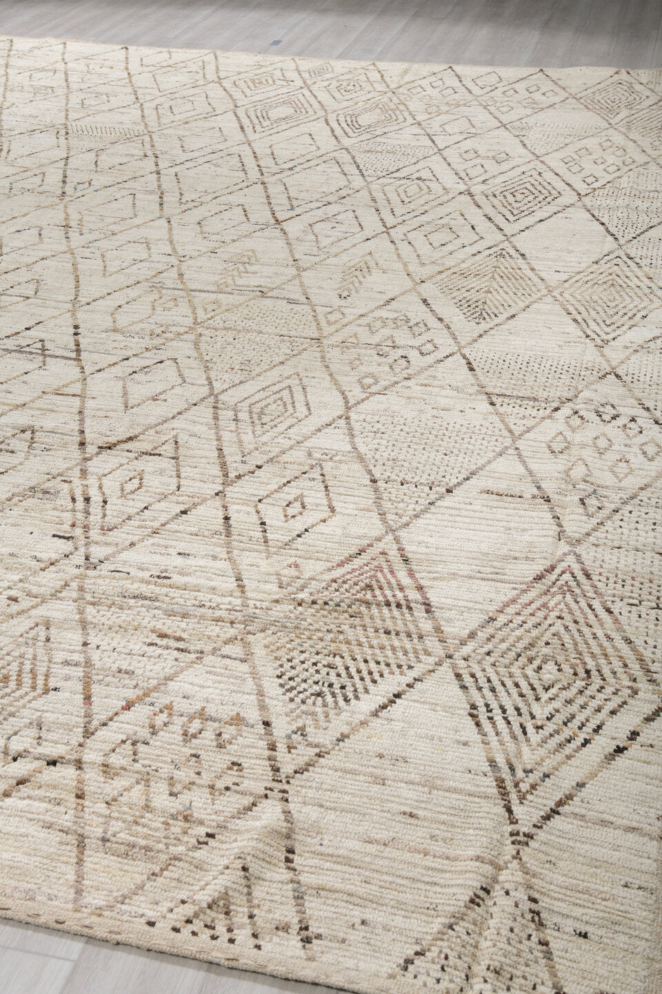13' x 16' one-of-a-kind handmade vintage Tulu oversize rug. Color palette: ivory, cream, taupe, light brown, sand