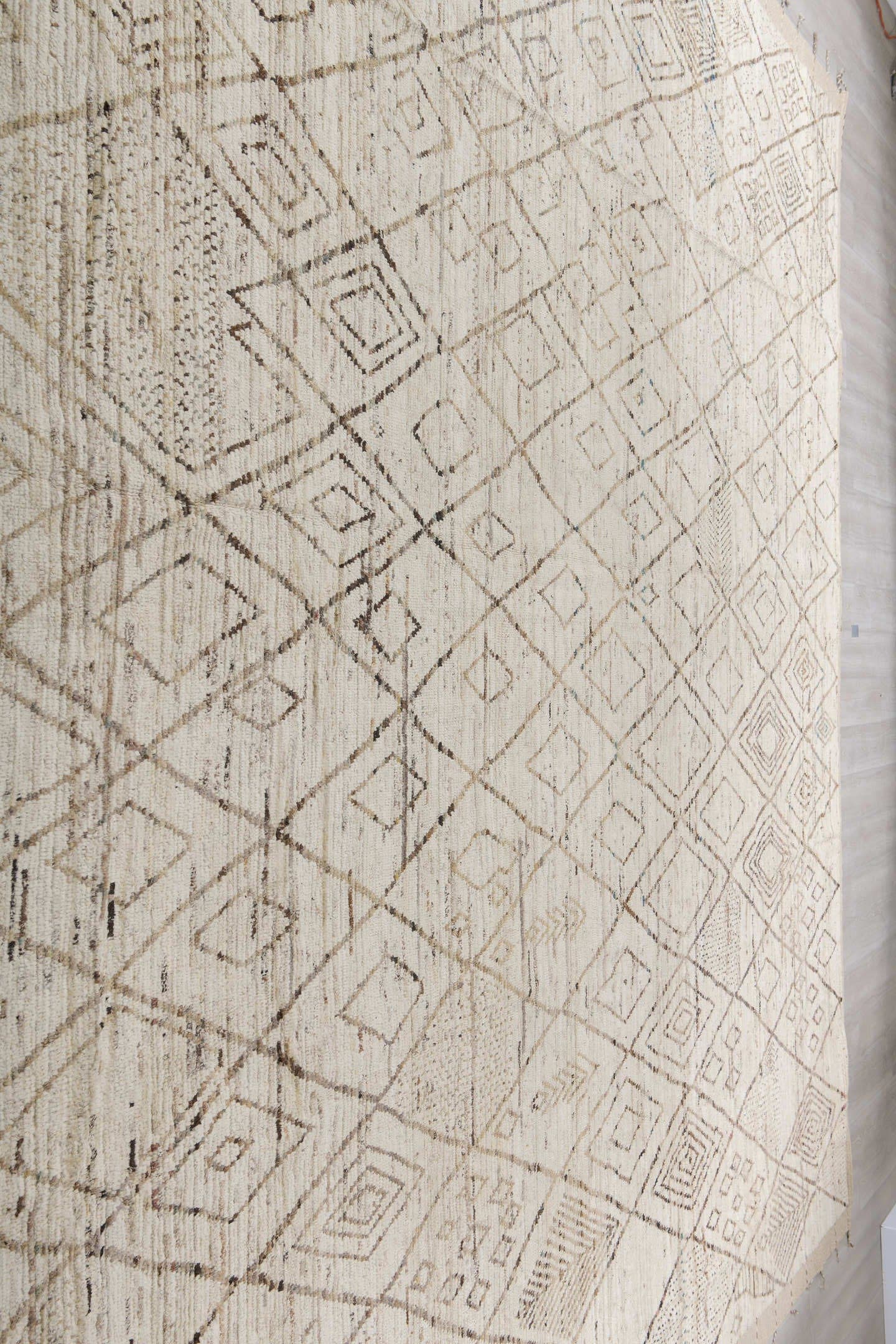 13' x 16' one-of-a-kind handmade vintage Tulu oversize rug. Color palette: ivory, cream, taupe, light brown, sand