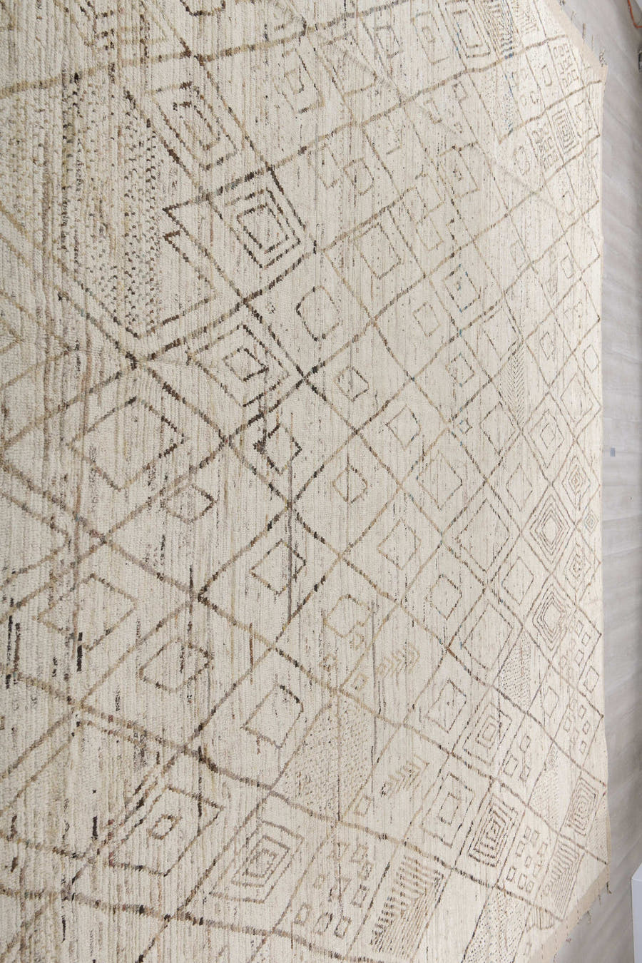13' x 16' one-of-a-kind handmade vintage Tulu oversize rug. Color palette: ivory, cream, taupe, light brown, sand