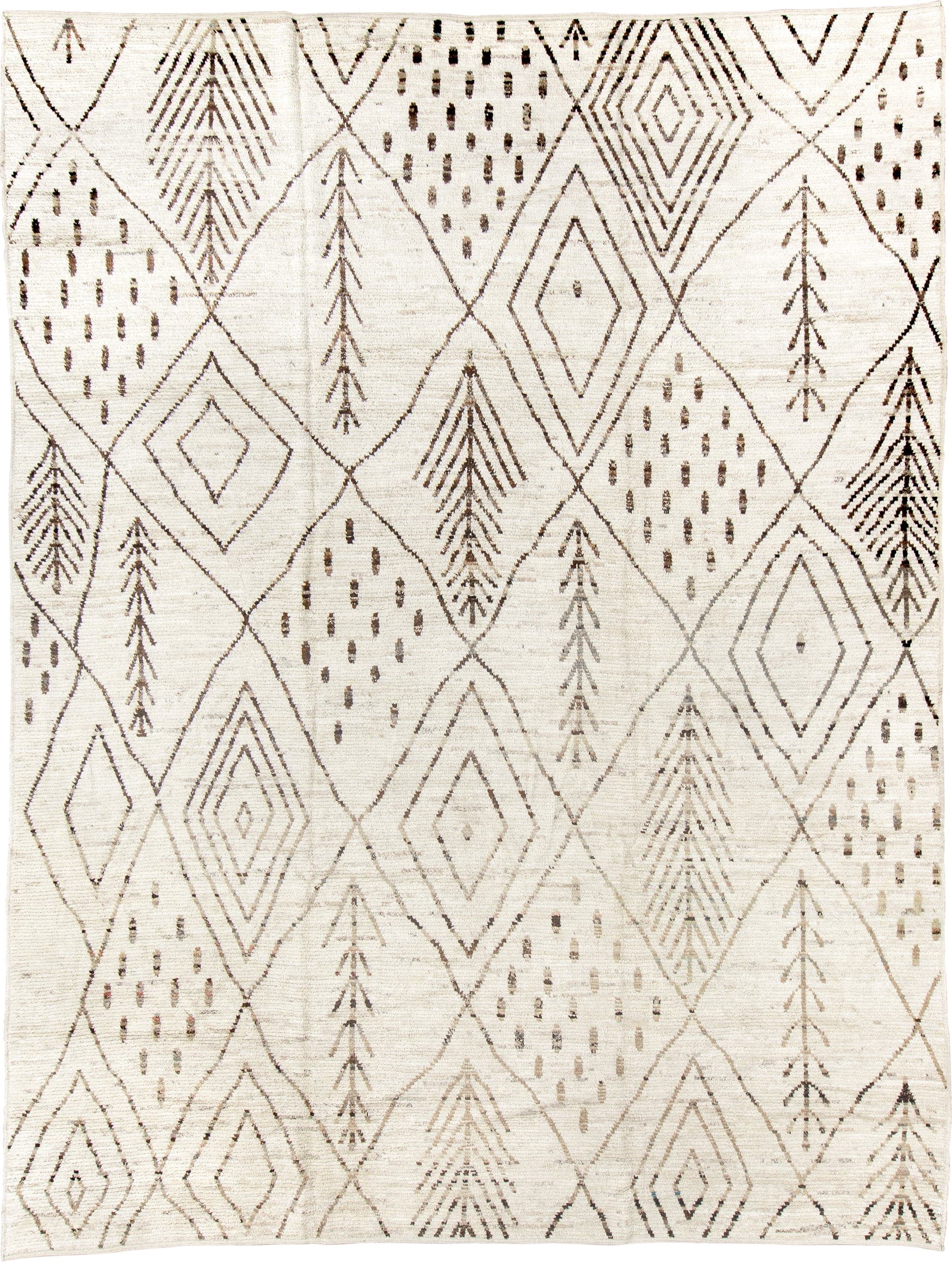10' x 13' one-of-a-kind handmade vintage Tulu large size rug. Color palette: ivory, brown, taupe, camel, beige, gray