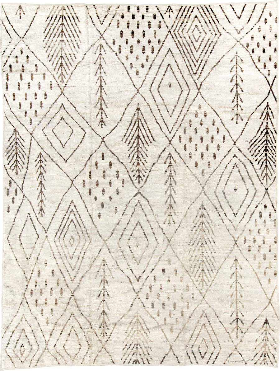 10' x 13' one-of-a-kind handmade vintage Tulu large size rug. Color palette: ivory, brown, taupe, camel, beige, gray