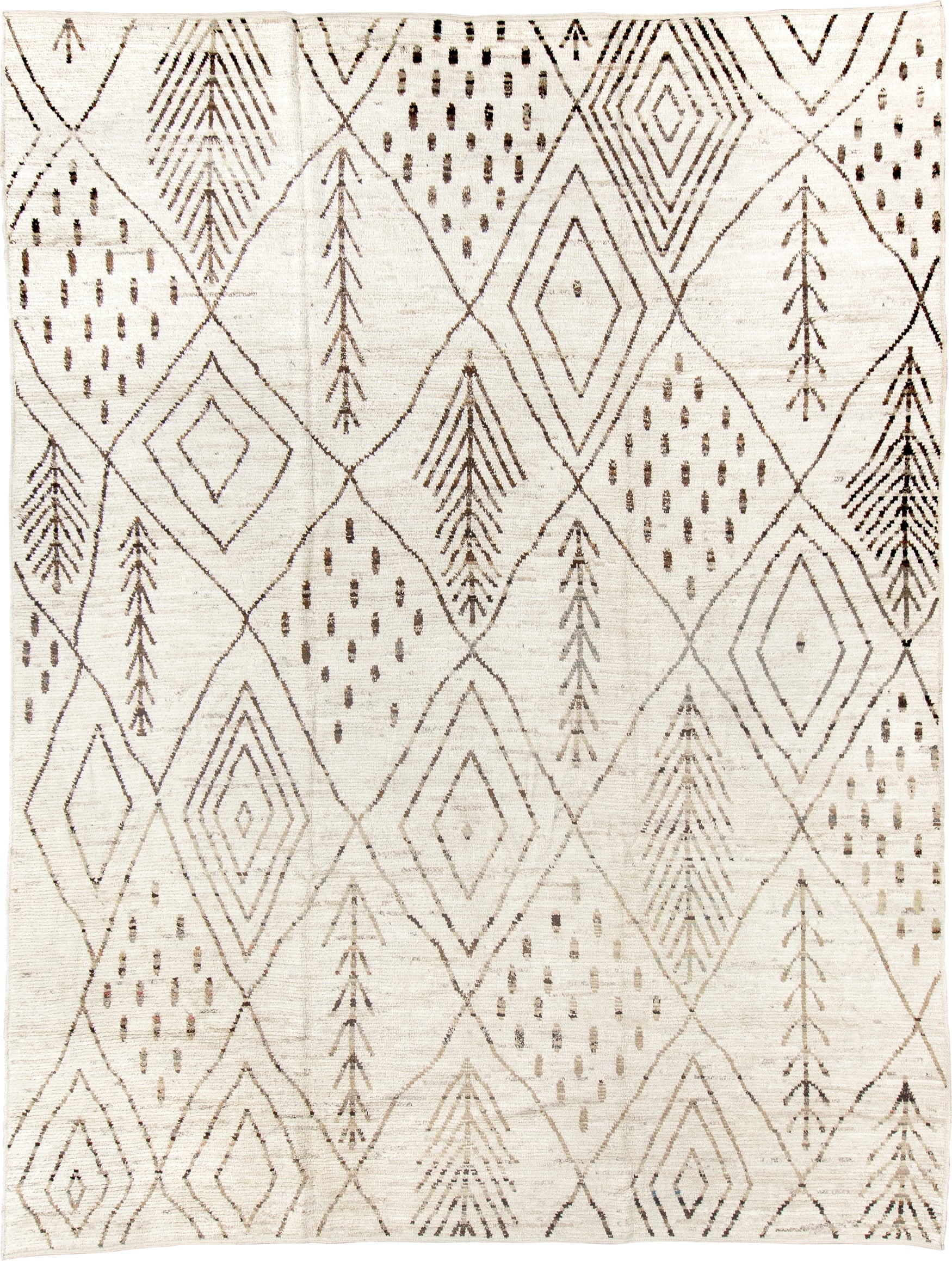 10' x 13' one-of-a-kind handmade vintage Tulu large size rug. Color palette: ivory, brown, taupe, camel, beige, gray