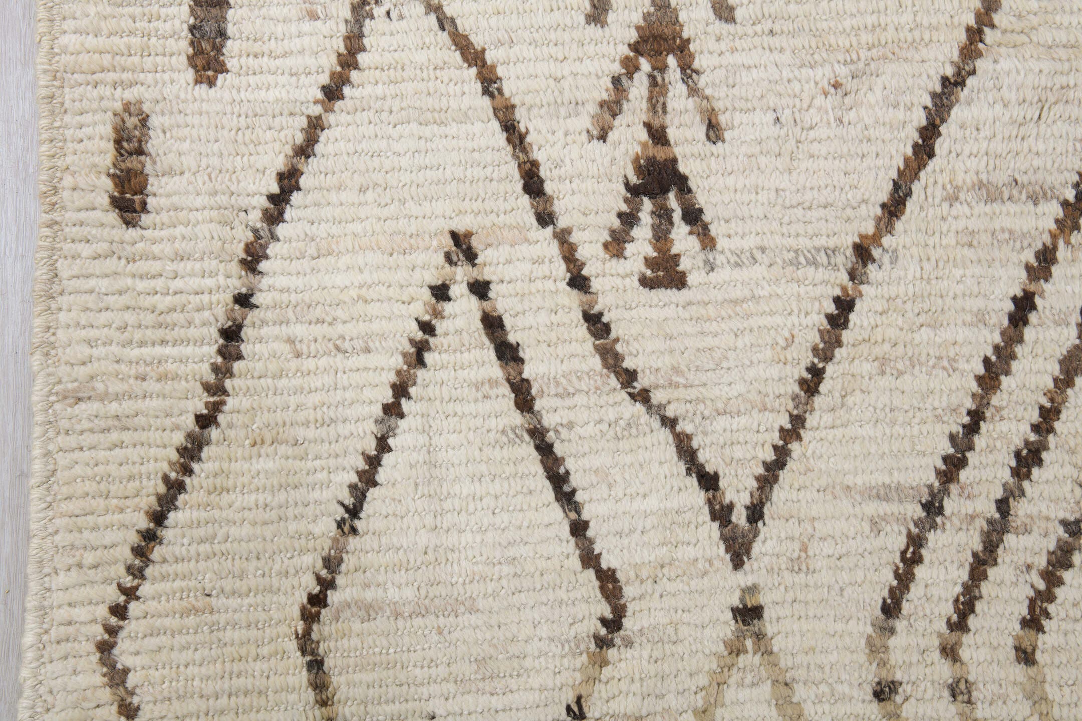 10' x 13' one-of-a-kind handmade vintage Tulu large size rug. Color palette: ivory, brown, taupe, camel, beige, gray