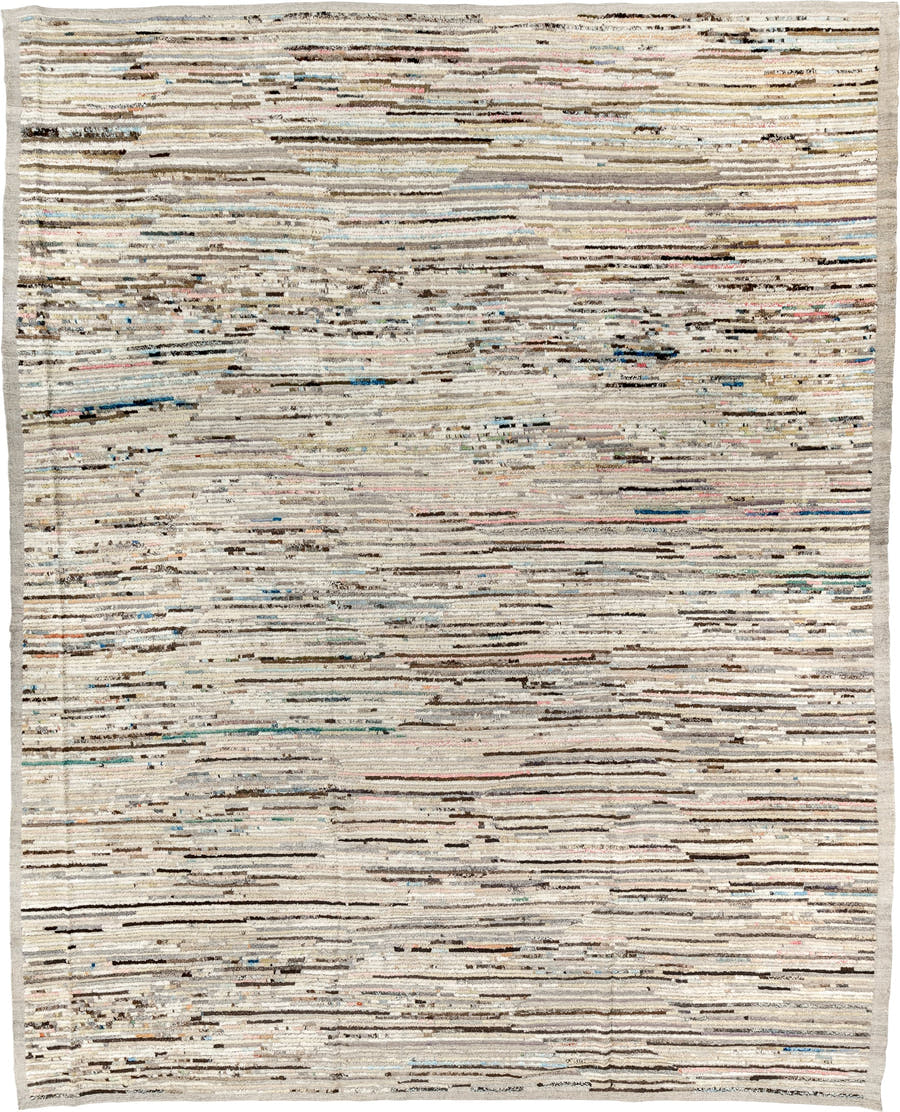 11' x 13' one-of-a-kind handmade vintage Tulu oversize rug. Color palette: ivory, taupe, brown, charcoal, blue, blush, cream