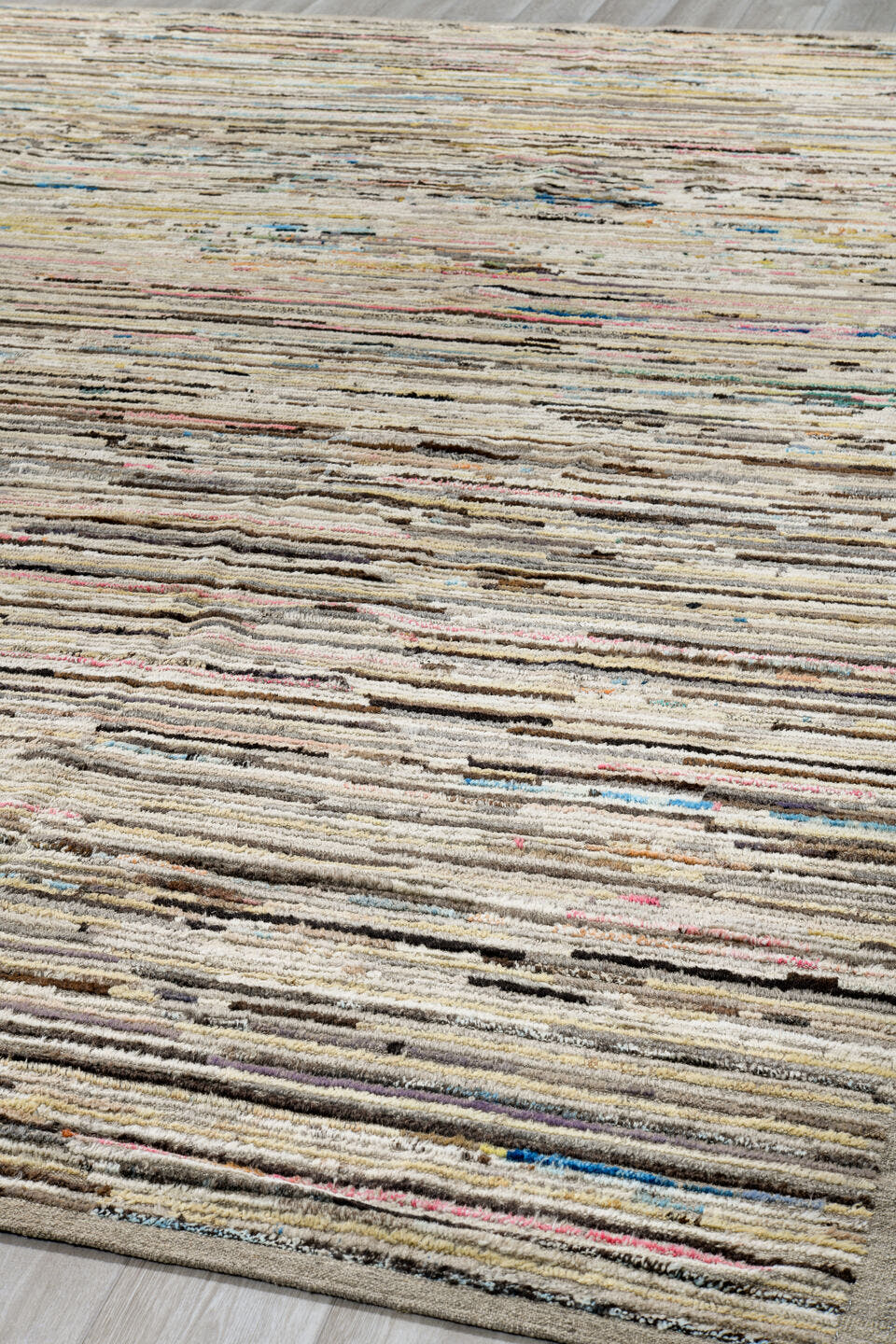 11' x 13' one-of-a-kind handmade vintage Tulu oversize rug. Color palette: ivory, taupe, brown, charcoal, blue, blush, cream