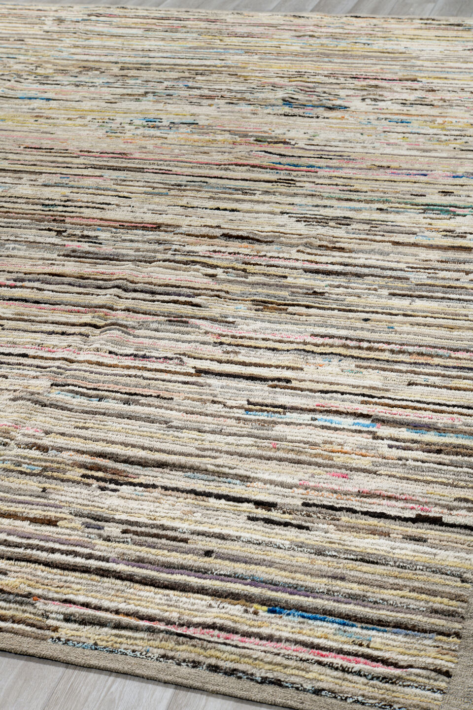11' x 13' one-of-a-kind handmade vintage Tulu oversize rug. Color palette: ivory, taupe, brown, charcoal, blue, blush, cream