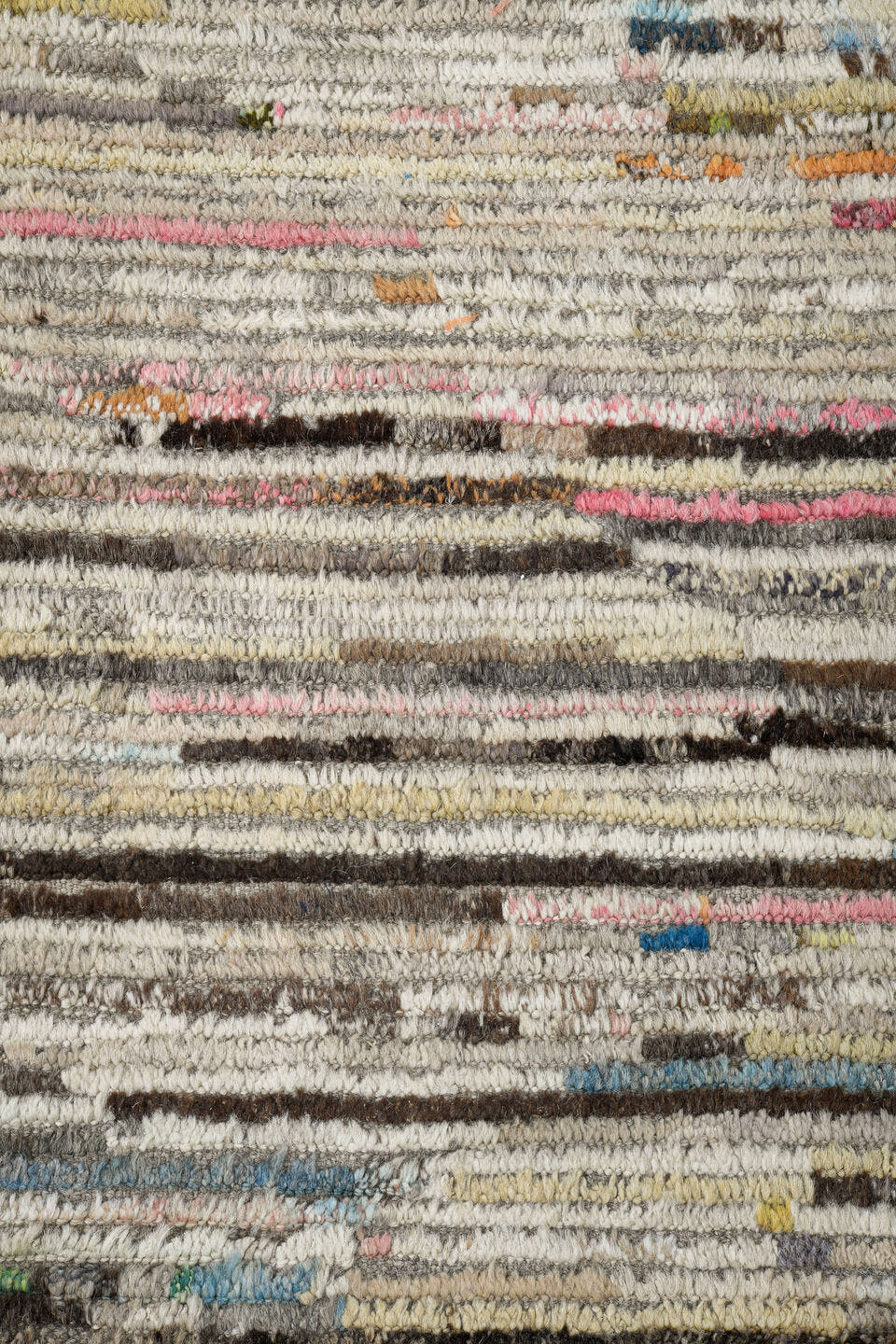 11' x 13' one-of-a-kind handmade vintage Tulu oversize rug. Color palette: ivory, taupe, brown, charcoal, blue, blush, cream