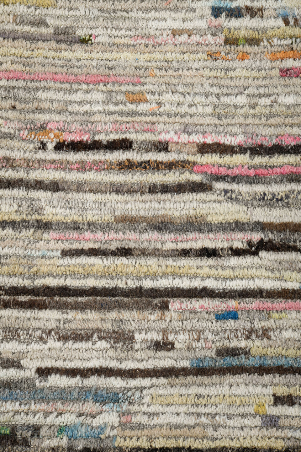 11' x 13' one-of-a-kind handmade vintage Tulu oversize rug. Color palette: ivory, taupe, brown, charcoal, blue, blush, cream