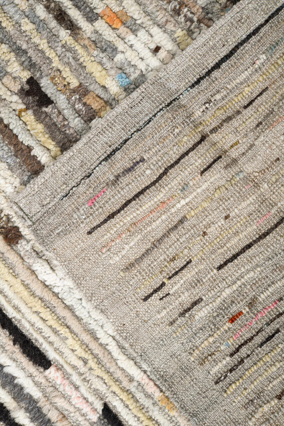 11' x 13' one-of-a-kind handmade vintage Tulu oversize rug. Color palette: ivory, taupe, brown, charcoal, blue, blush, cream