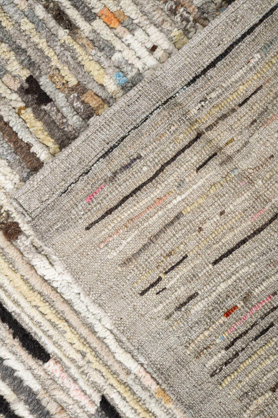 11' x 13' one-of-a-kind handmade vintage Tulu oversize rug. Color palette: ivory, taupe, brown, charcoal, blue, blush, cream
